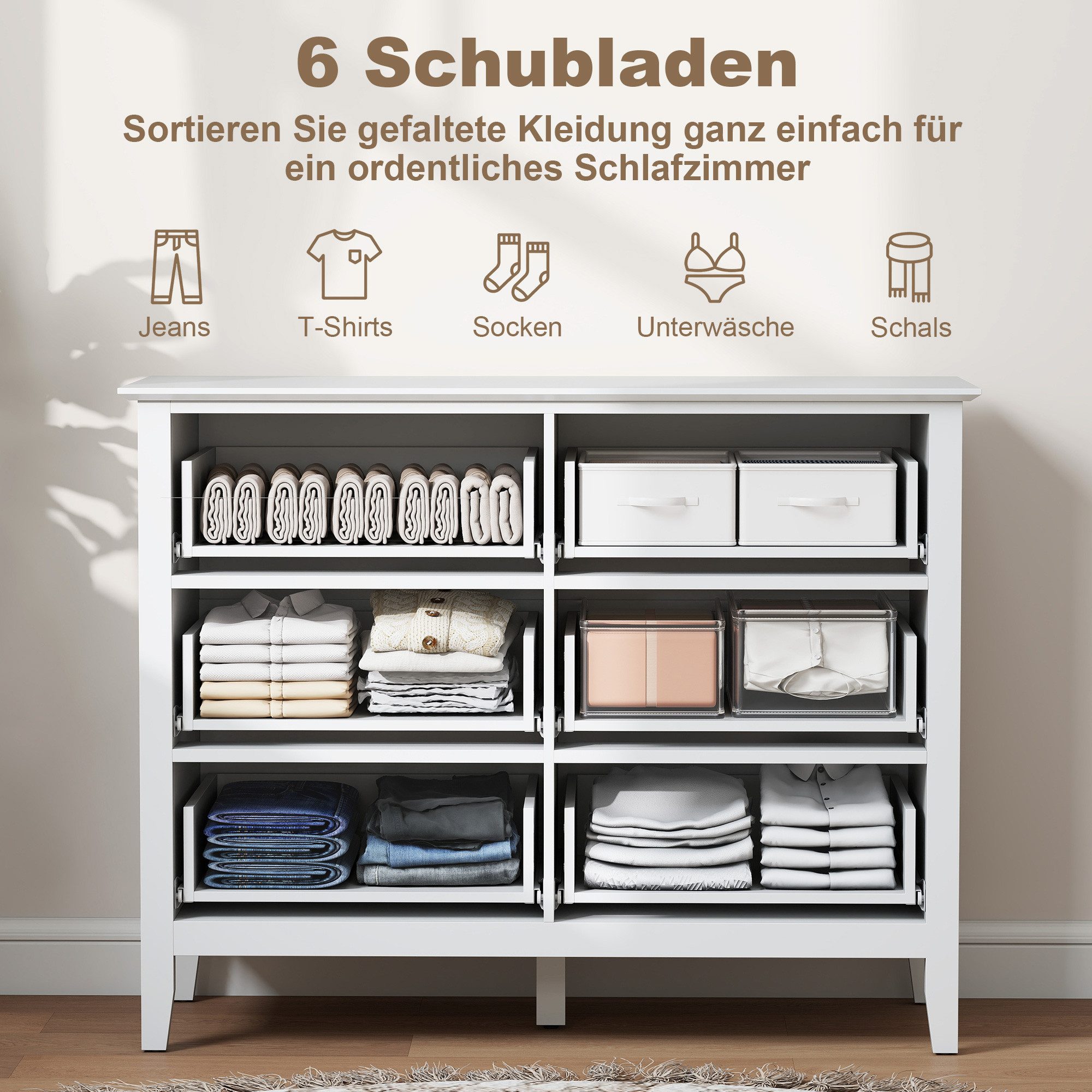 HOMCOM Kommode Schubladen Schrank für Wohnzimmer Schlafzimmer Flur 40x78cm Weiß (Sideboard mit 6 Schubladen, 1 St., Moderner Aufbewahrungsschrank), Breite 100 c – Bild 4 von 5