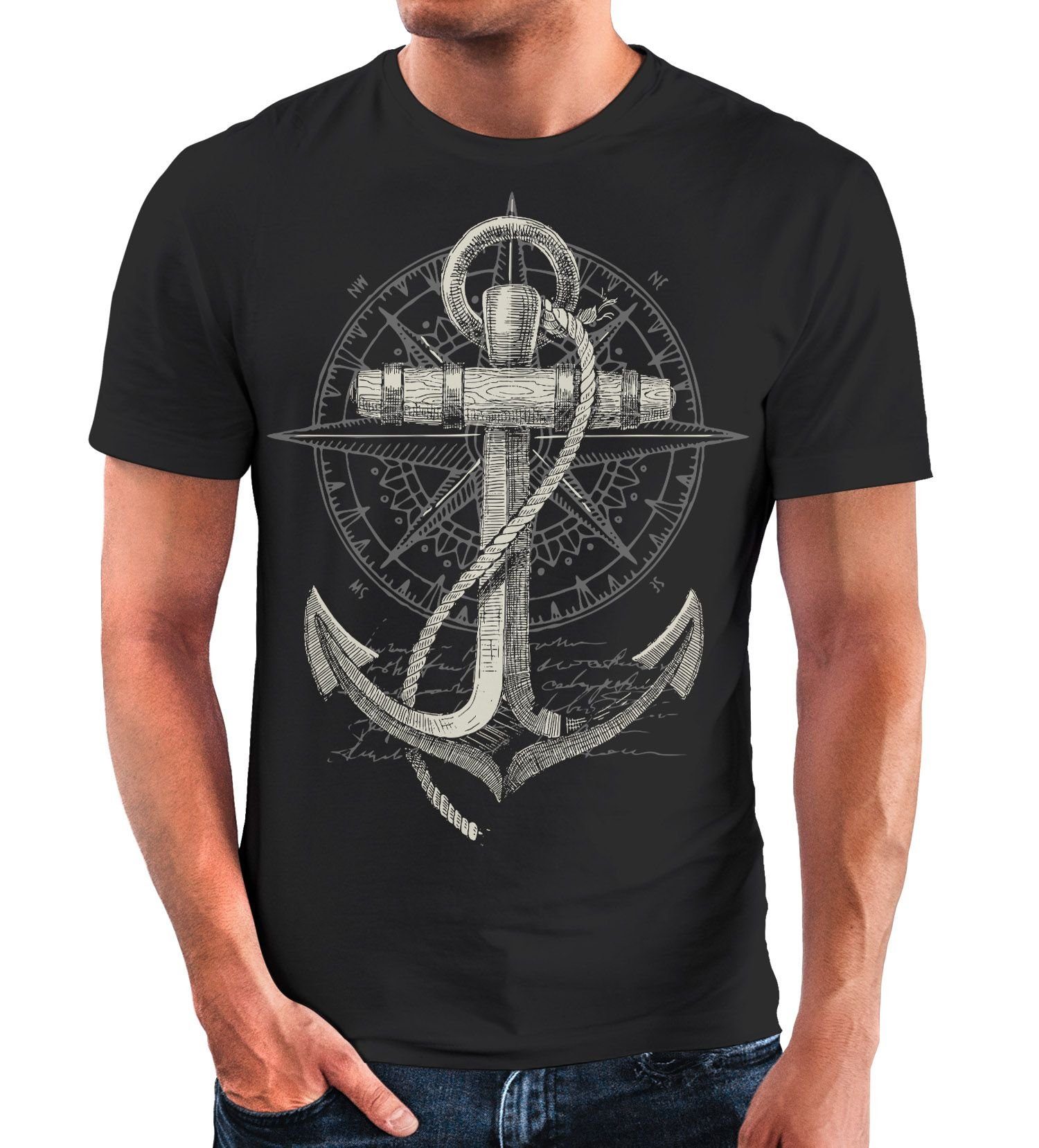Neverless Print-Shirt Neverless® Herren T-Shirt Print Aufdruck Anker Kompass Motiv Maritim Meer Fashion Streetstyle mit Print schwarz