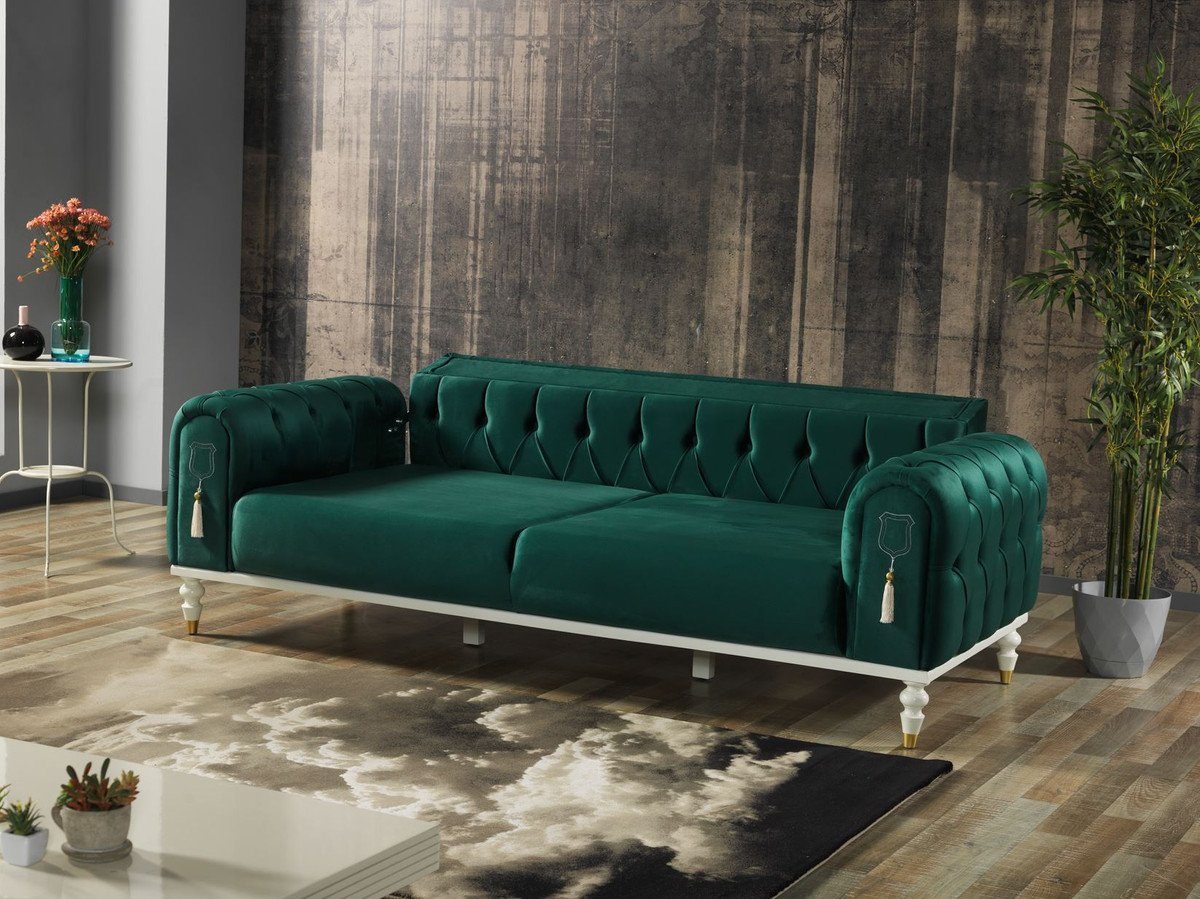 / Möbel Sofa cm Wohnzimmer Weiß Grün Chesterfield-Sofa 83 Kissen - mit x Chesterfield Schlafsofa / Wohnzimmer 230 Gold Luxus 3 - 95 Luxus Padrino Casa x H.