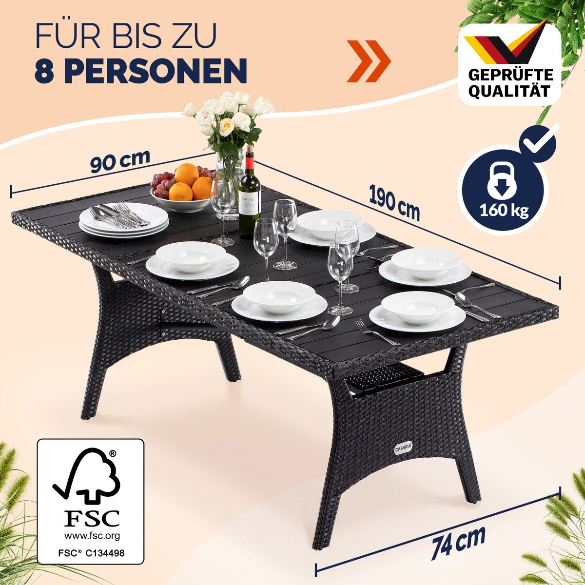 Casaria Gartentisch (1-St), Polyrattan 190x90x74cm mit Ablage WPC-Tischplatte Höhenverstellbar