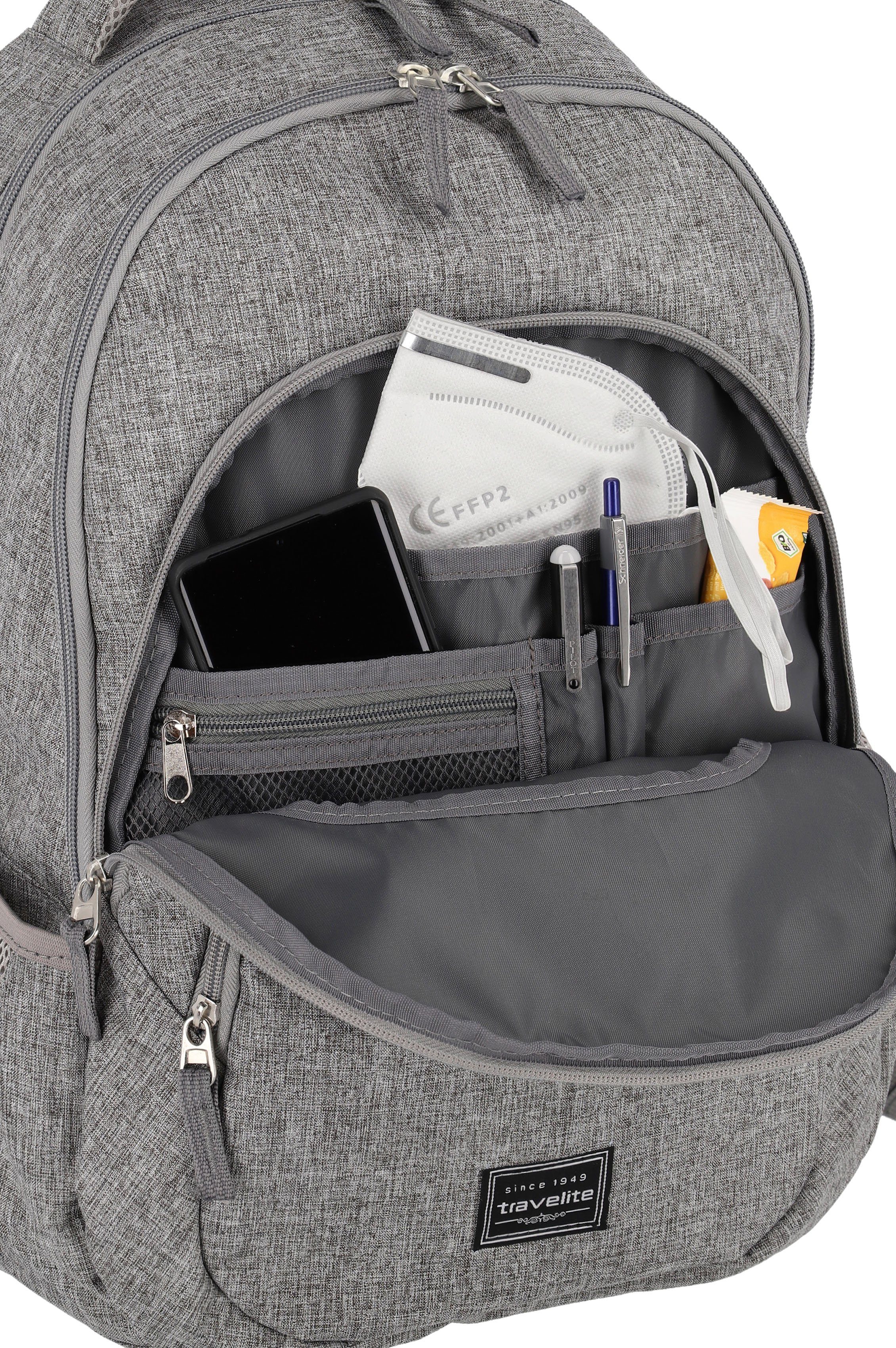 Basics mit Laptopfach hellgrau, Laptoprucksack Light travelite 15-Zoll Grey Melange,