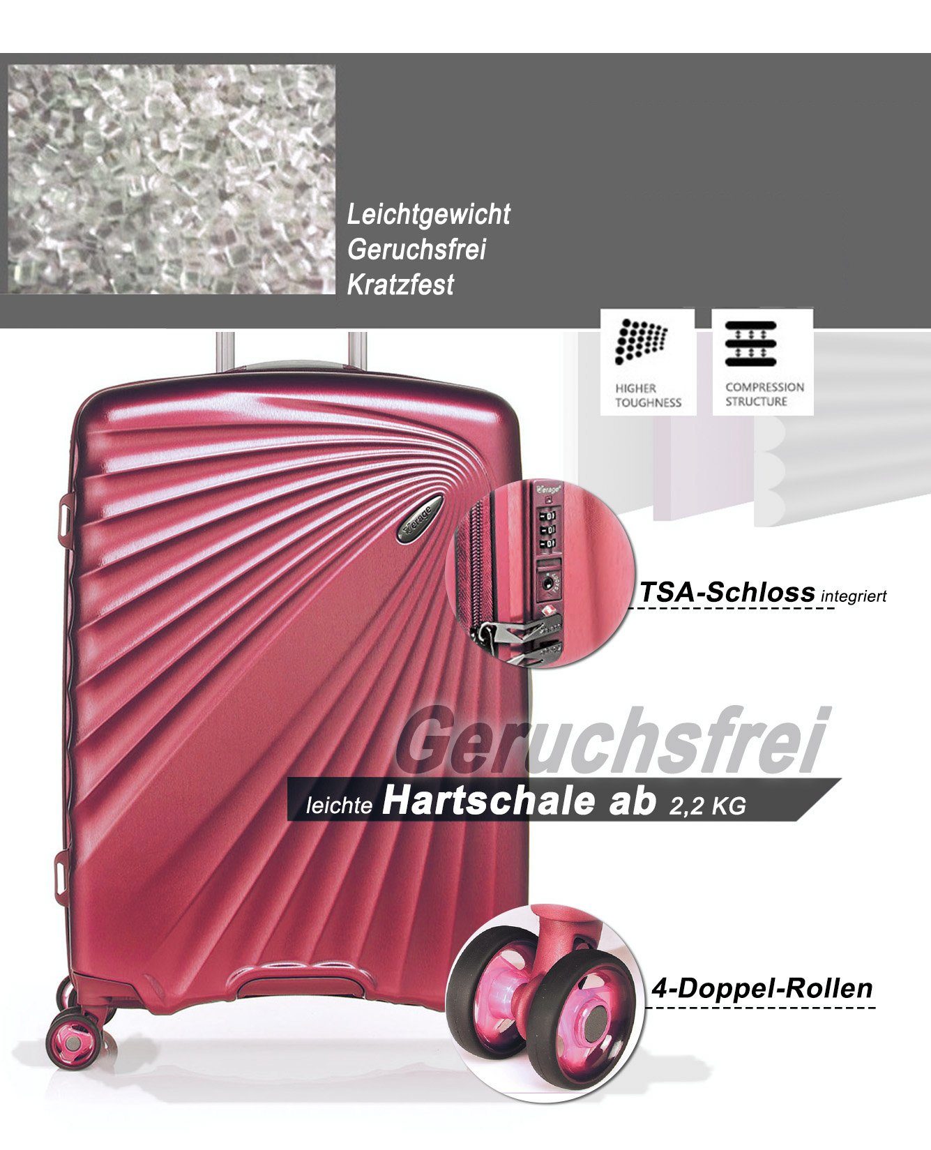 Burgund 24'', 4 M Rollen, 4-Doppelrollen, Hartschalen-Trolley TSA-Zahlenschloss Verage Volumenerweiterung, Kinetic