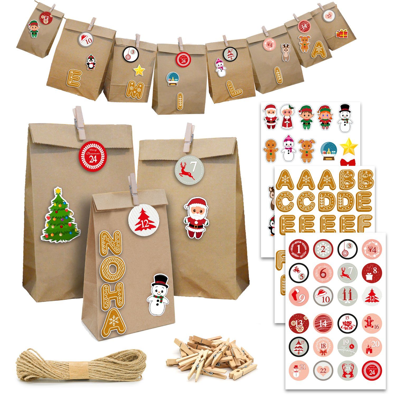 DuneDesign befüllbarer Adventskalender DIY Adventskalender Bastelset mit 24 Papiertüten, Mit Stickern Klammern und Schnur zum Befüllen und Gestalten