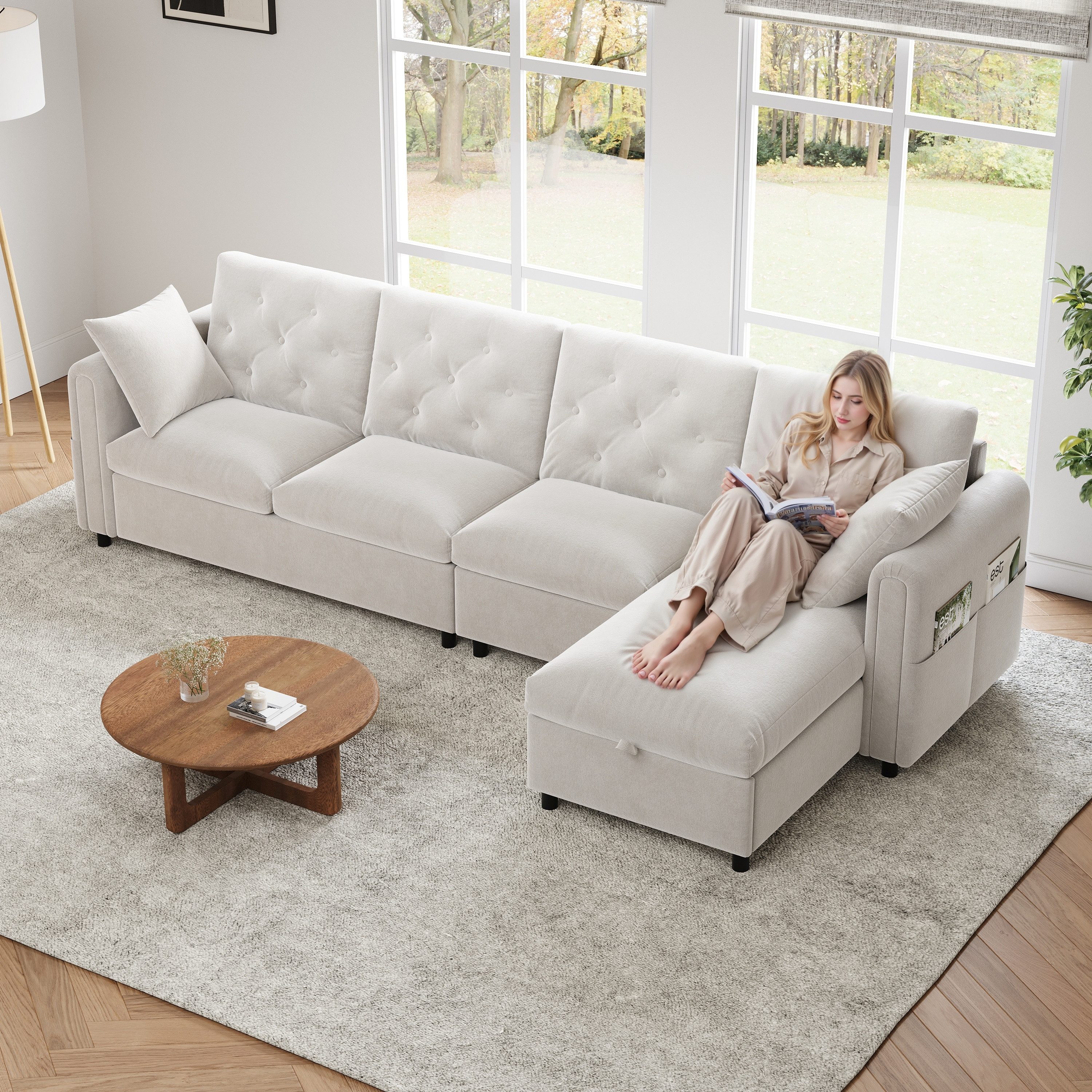 Merax Ecksofa L-förmiges 4-Sitzer sofa, 1 Teile, mit Bettkasten, Schlaffunktion, Kissen und Magazintaschen, Couch, Samt