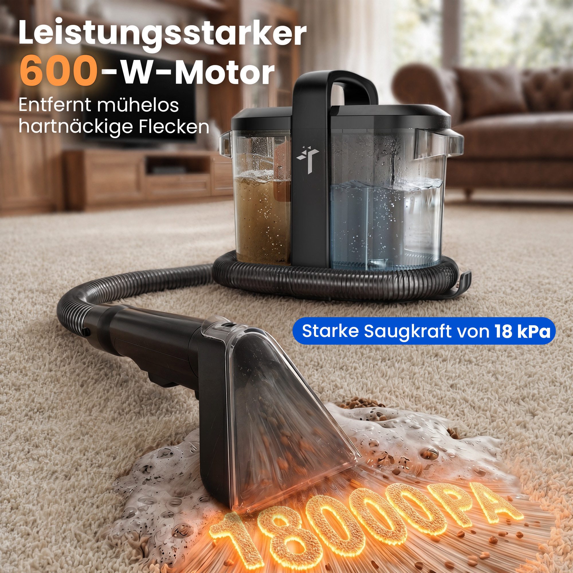 Teendow Wasch-Sauger Teppichreinigungsgerät Polsterreiniger Teppichreiniger Nasssauger Sofa, 600 W, Wassertank, 18.000 Pa Saugkraft, 1,55L+1,5L Trenntank, tragbarer Fleckenreiniger