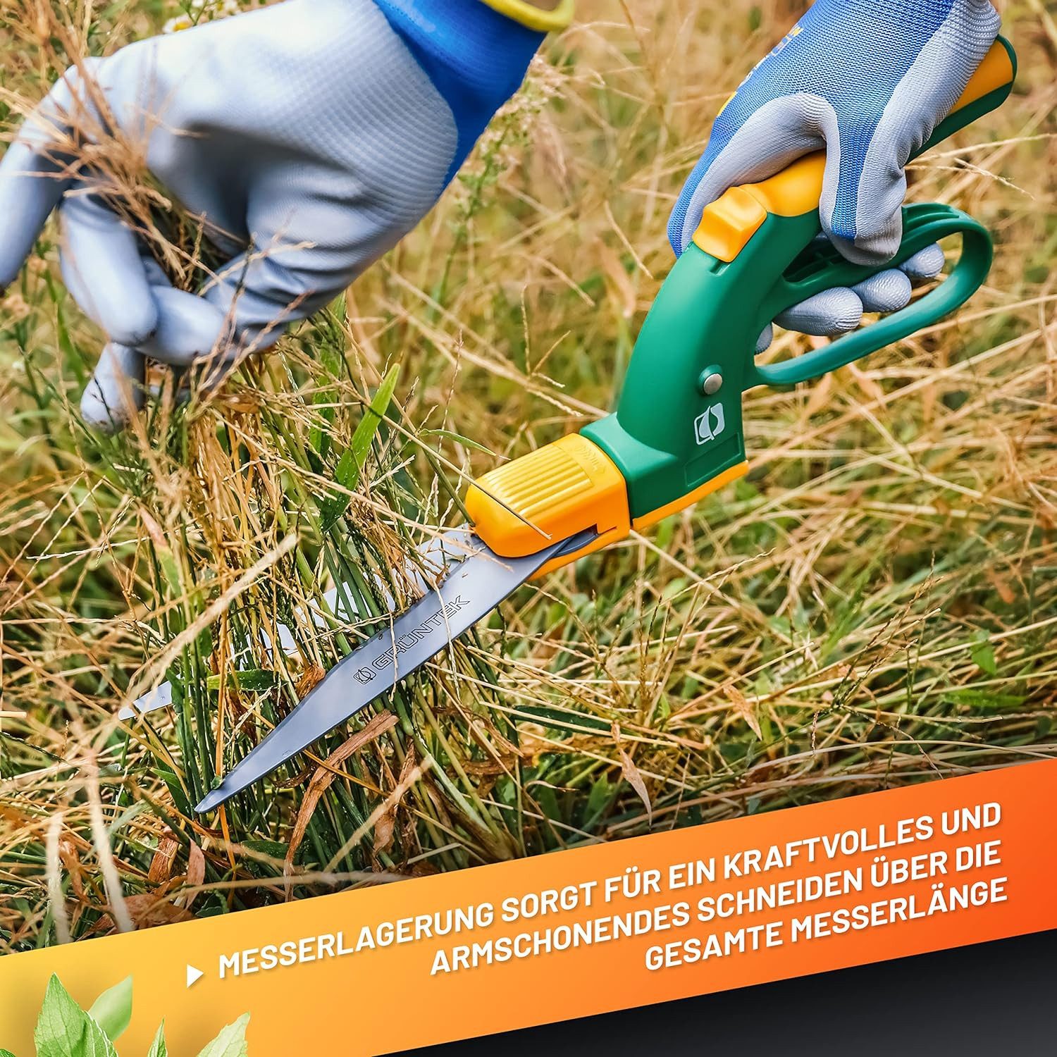 GRÜNTEK Grasschere Teflon Rasenschere SEGLER 360° drehbarer Schneidekopf, mit Handschutz, Rasenkantenschere 380 mm, ergonomische Griffe, Anti-Haft beschichtet – Bild 4 von 5