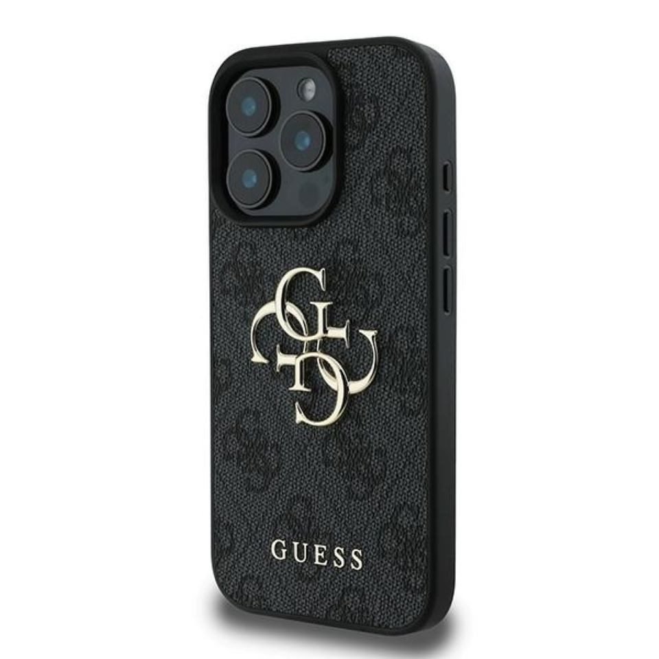 Guess Handyhülle iPhone 16 Pro grau Big Logo goldfarben Metall 6,3 Zoll, Kantenschutz