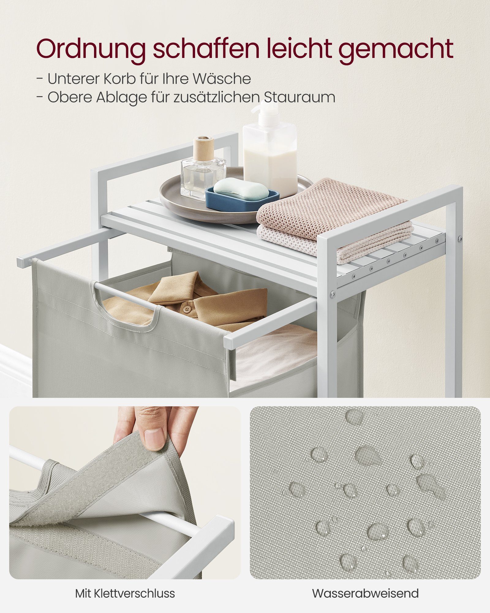VASAGLE Wäschekorb Wäschesammler mit Ablage, Wäschesack abnehmbar, 65 L, 50 x 33 x 72 cm, Wäschebox, Metallrahmen, weiß – Bild 4 von 5