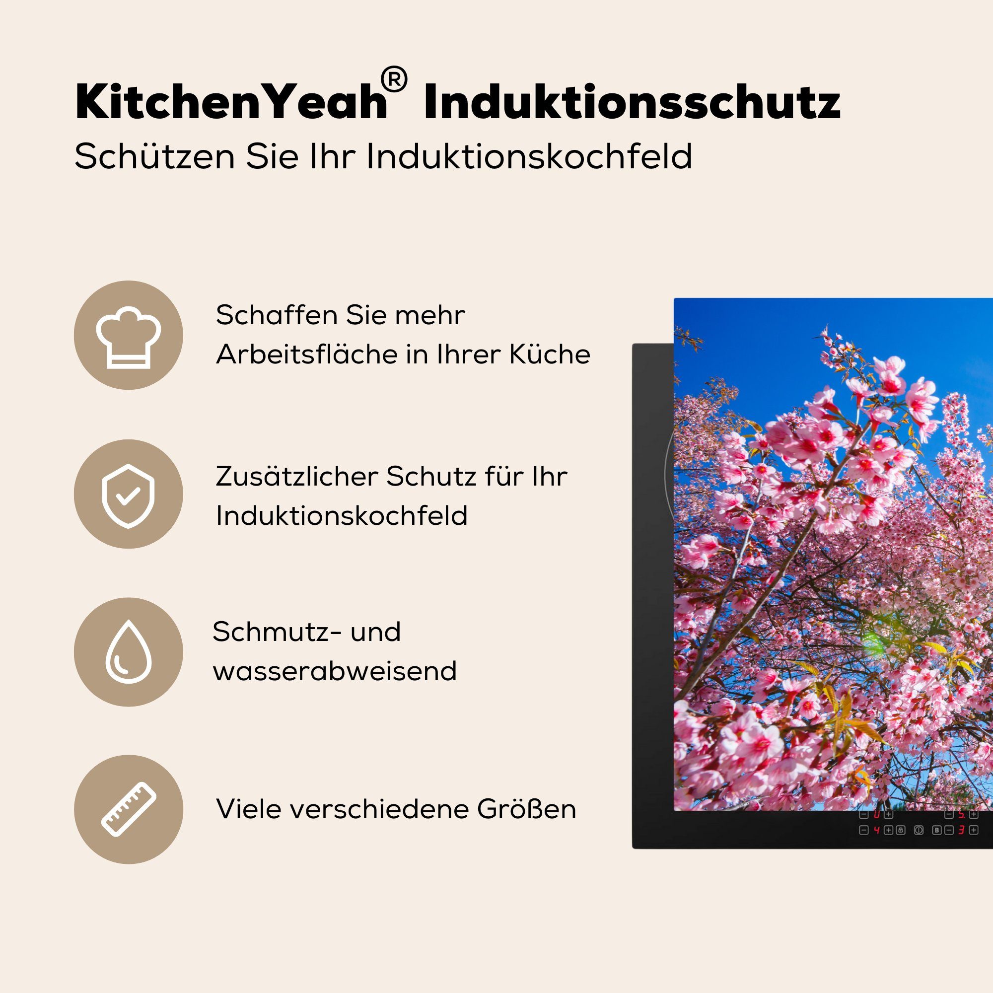 - 81x52 Herdblende-/Abdeckplatte - Schutz küche, die tlg), Induktionskochfeld Ceranfeldabdeckung (1 Blumen cm, Sakura für Rosa, Vinyl, MuchoWow
