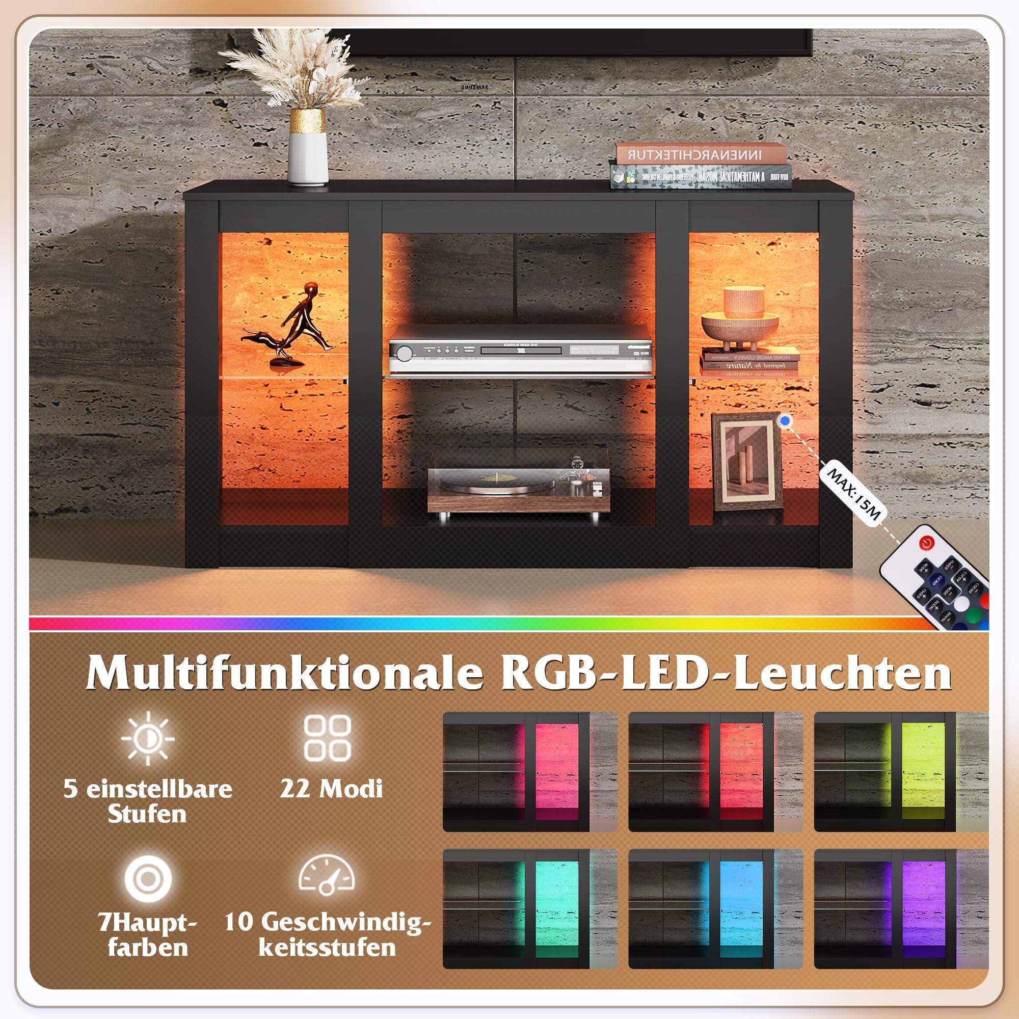WLIVE Lowboard TV-Schrank mit RGB-LED (22 Modi), 3 offene Fächer & verstellbare, 100 × 40× 56 cm, modern & stabil – Bild 4 von 5