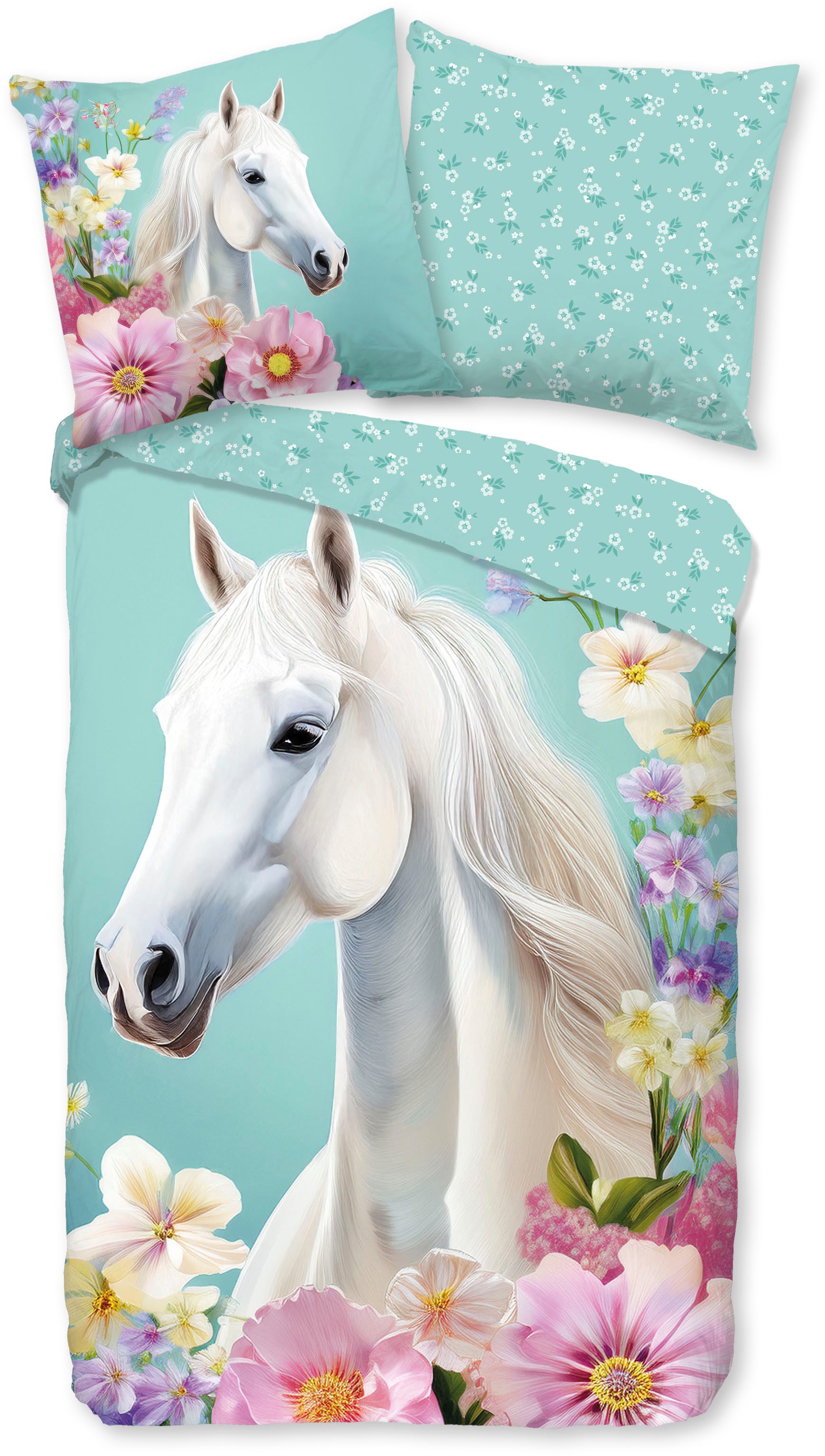 good morning Kinderbettwäsche Binky, Renforcé, 2 teilig, Baumwolle, Renforcé, 135x200, Wendeoptik, Kind, Mädchen, Pferd