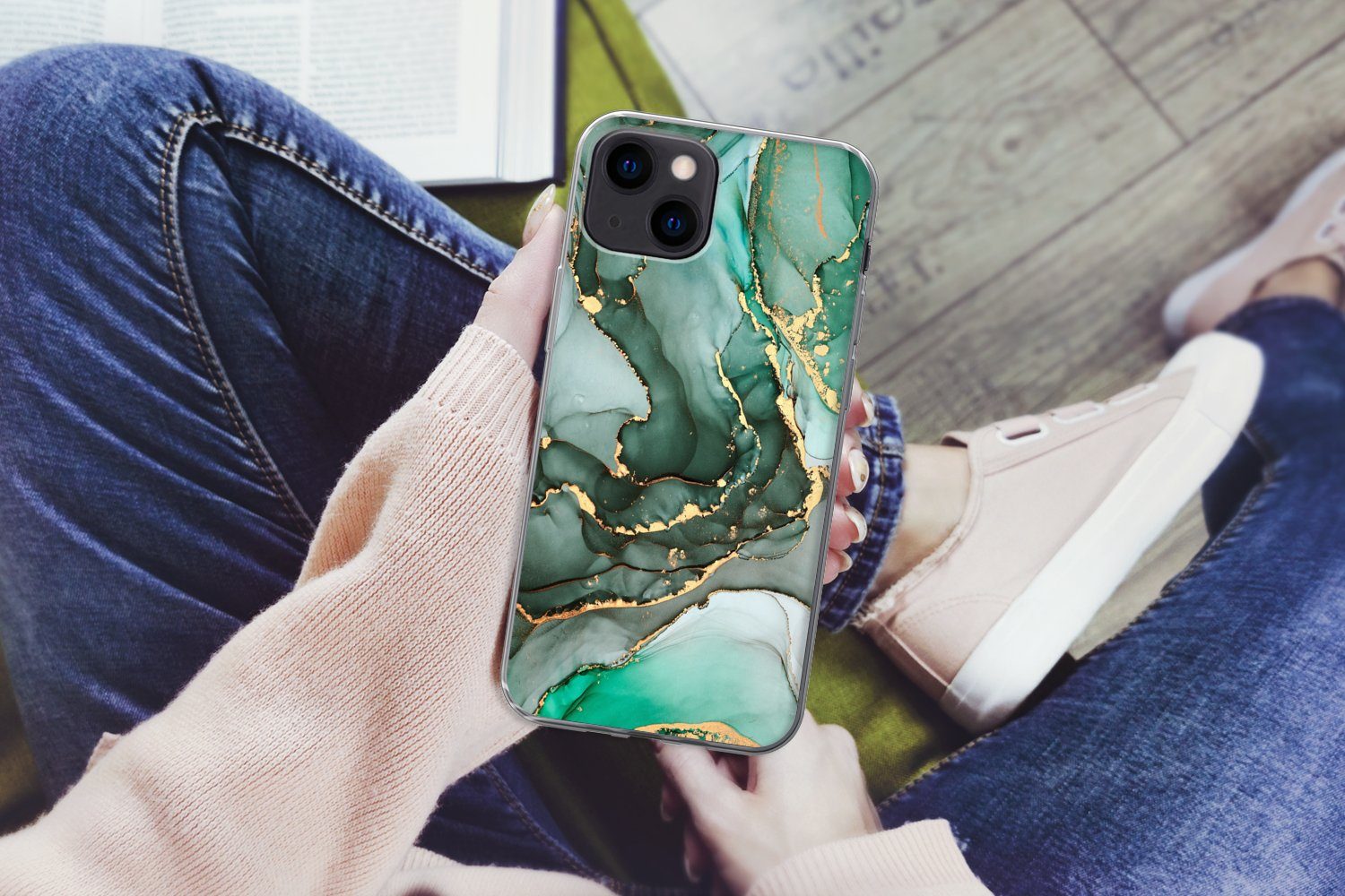 MuchoWow Handyhülle für Apple iPhone 13 Gold - Marmor - Grün - Luxus - Marmoroptik - Grau, Smartphone-Bumper, Print, Handy Schutzhülle Dünn