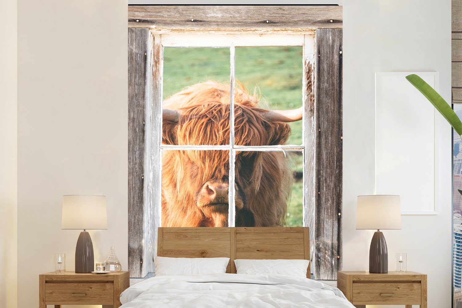 MuchoWow Fototapete Wohnzimmer, - Holz - Ansicht, bedruckt, Wandtapete Montagefertig für Fenster St), (3 - Vinyl Matt, Schottischer Highlander Tapete