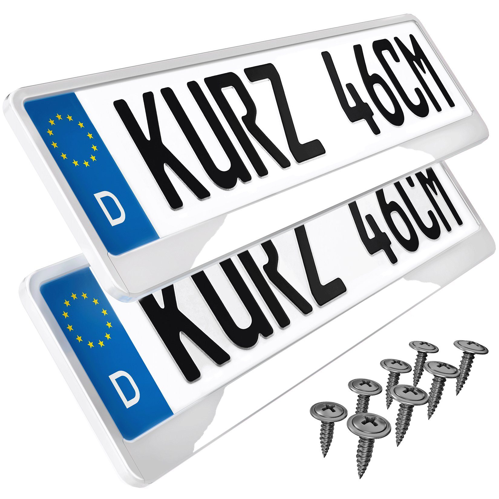 L & P Car Design Kennzeichenhalter für Auto 46 cm in Weiß Hochglanz für kurze Kennzeichen, (2 Stück)