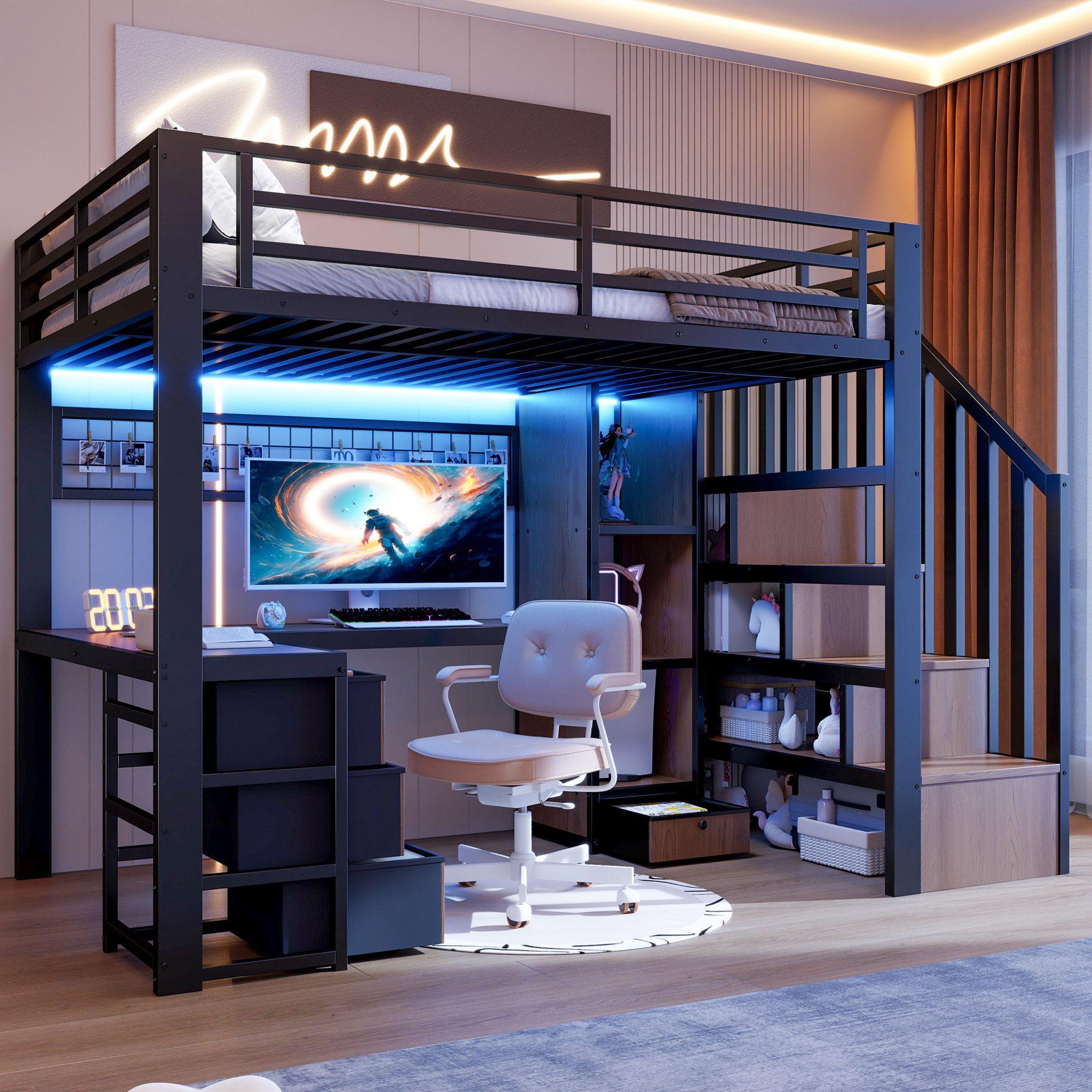 REDOM Hochbett Jugendbett mit Eisenrahmen, Ablagefach, 4 Schubladen (LED-Lichtleiste, Schreibtisch und Stauraumtreppe, Funktionsbett Metallbett, 90 x 200 cm) ohne Matratze