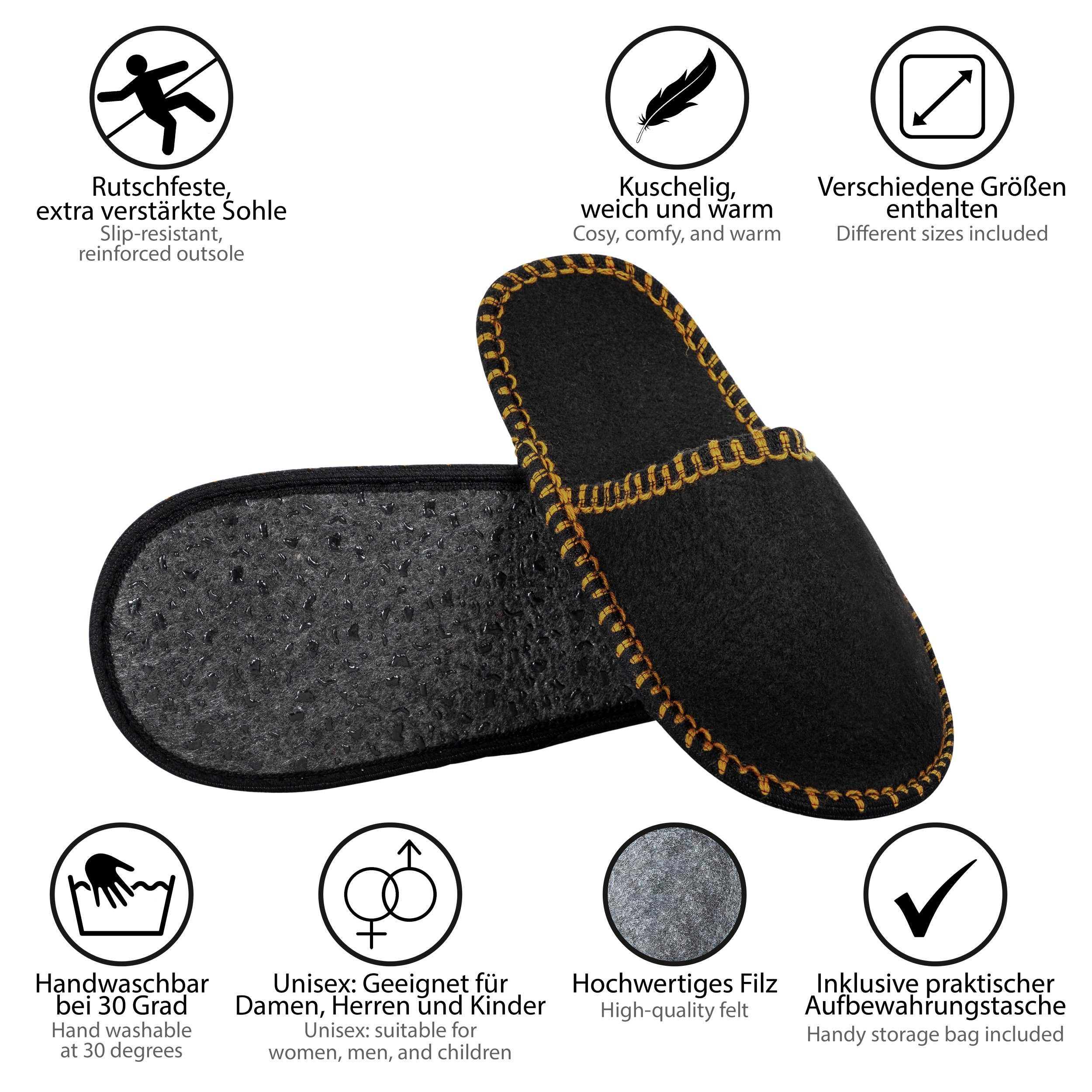ONVAYA ABS Gästepantoffel, Home schwarz-gold, 6er Set, Antirutsch, Filz Plüsch Hausschuhe