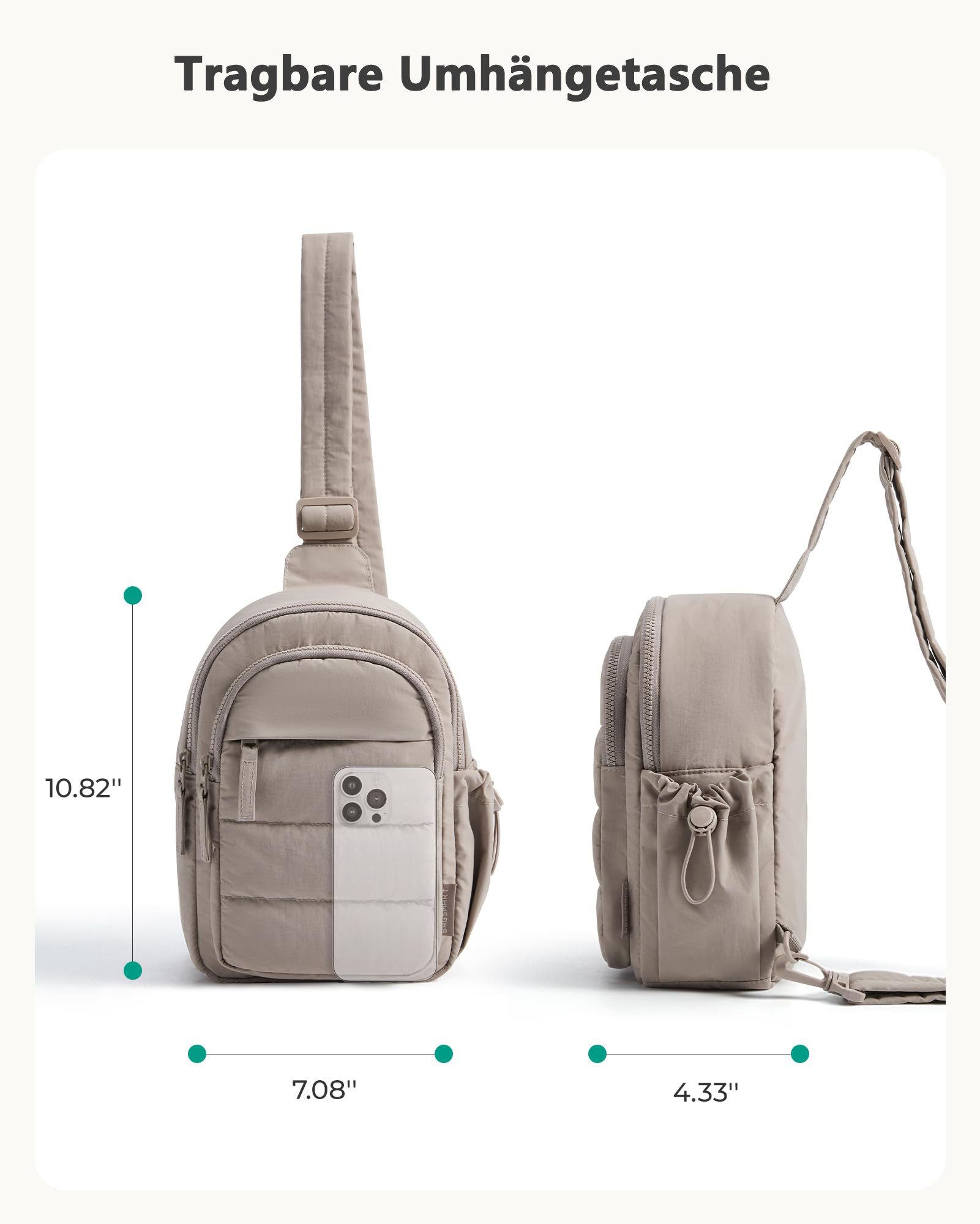nsihing Umhängetasche Damen Crossbody Bag, Puffer Brusttasche Handytasche Zum Umhängen, Sling Bag mit RFID-Blockierung und Verstellbarer Breitem Schultergurt