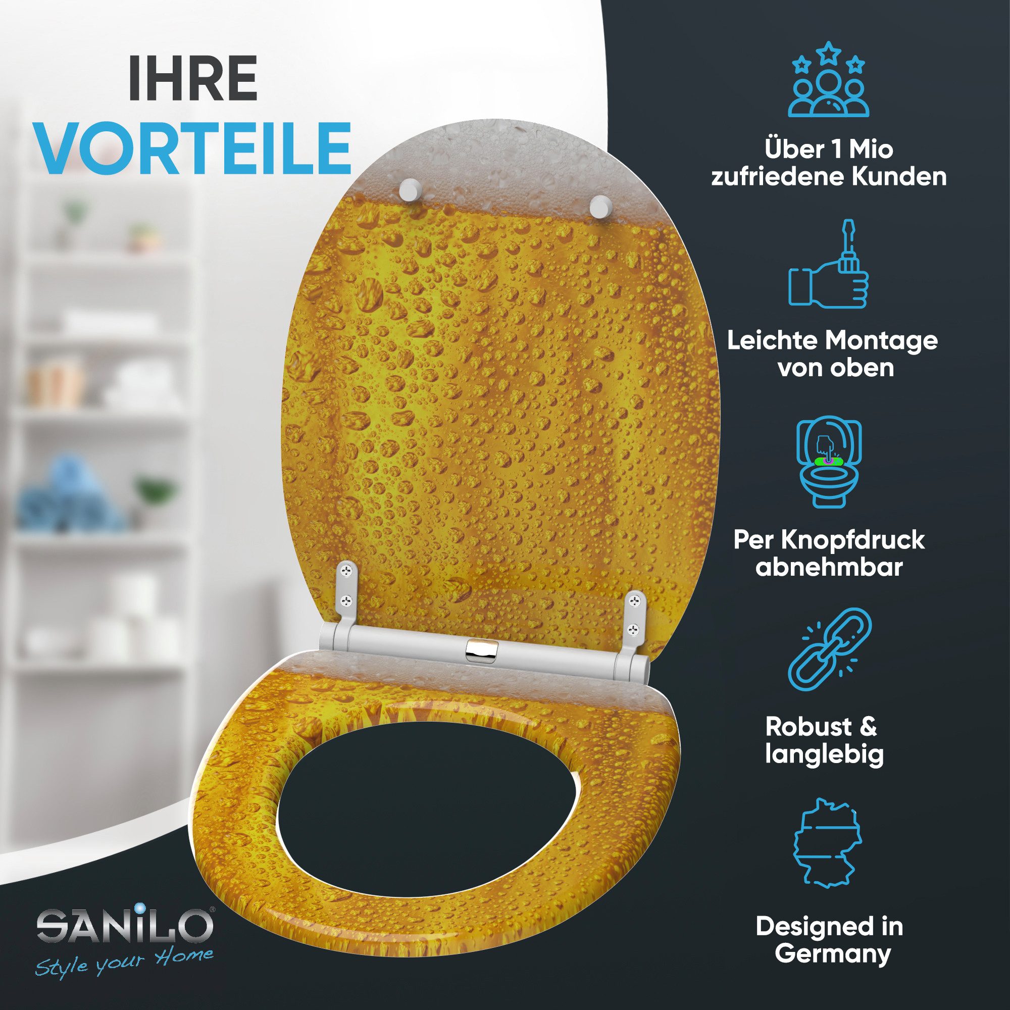 Sanilo WC-Sitz Bier mit Absenkautomatik & Quick Release, Premium Toilettendeckel, abnehmbar, leichte Montage von oben