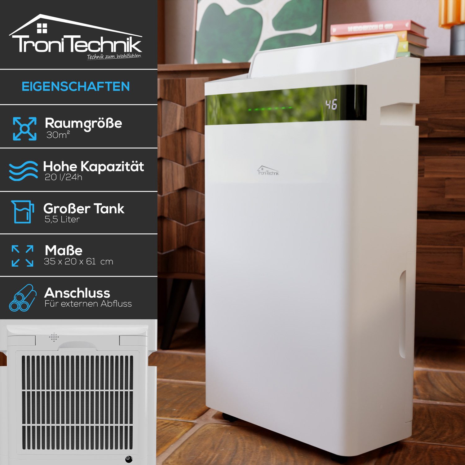 TroniTechnik Luftentfeuchter Raumentfeuchter TT-EF-04 Trockner, automatische Abschaltung, Tank abnehmbar
