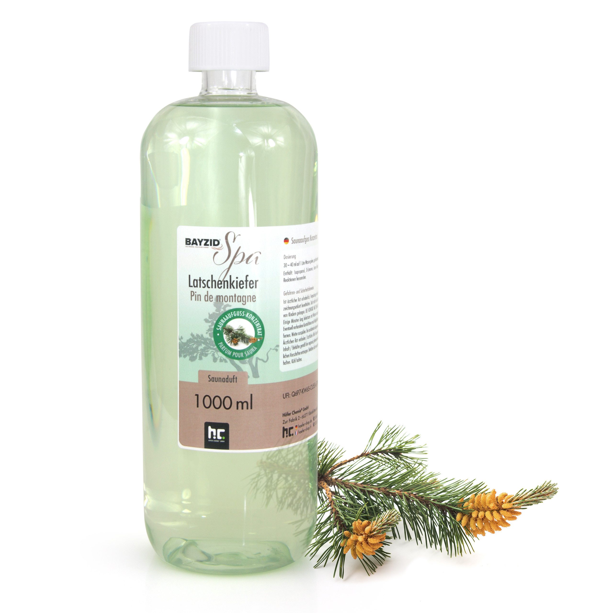 Höfer Chemie GmbH Aufgusskonzentrat 1 L BAYZID® SPA Saunaaufguss Latschenkiefer, (1-St), Frischer Waldduft für belebende Aufgüsse