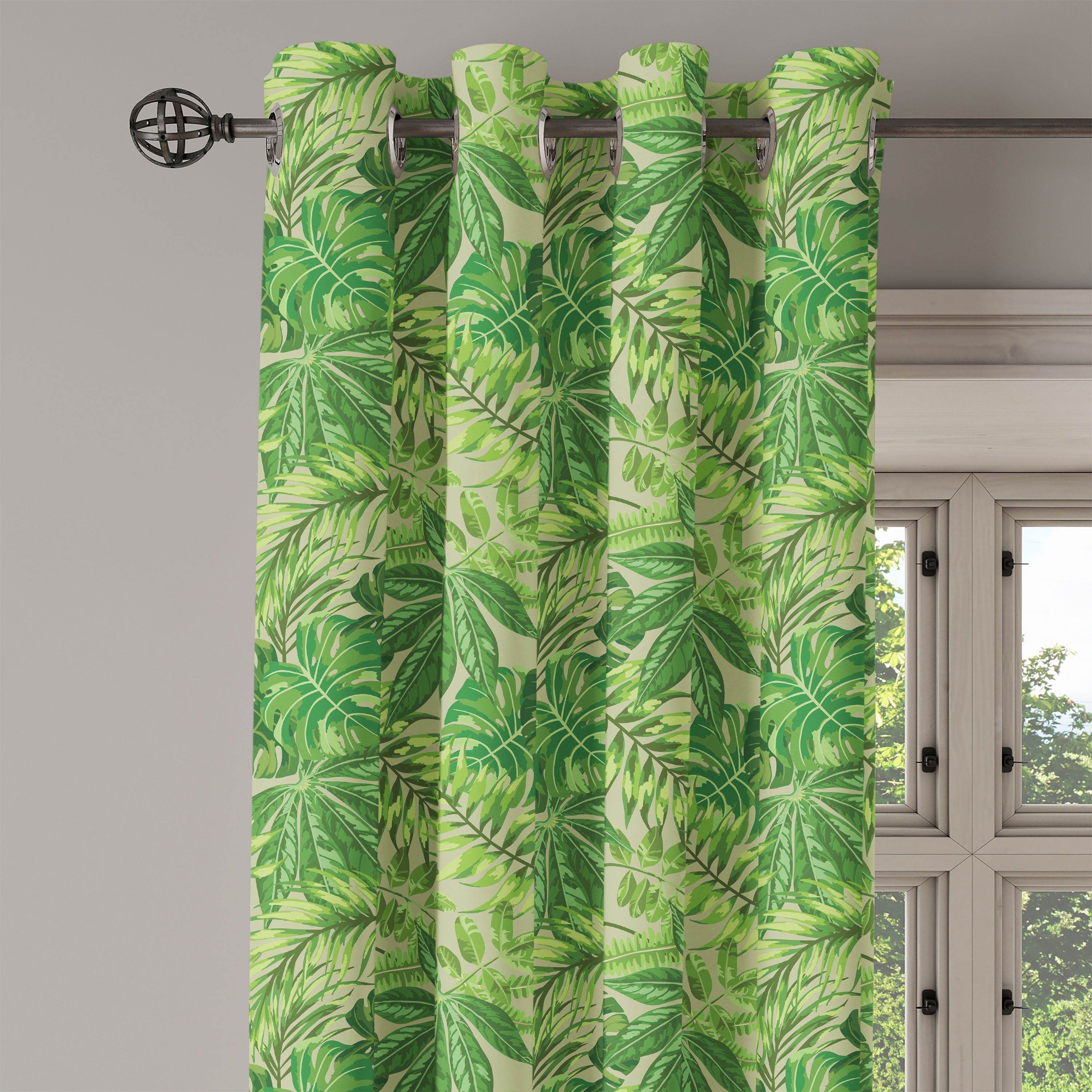 Grünes Abakuhaus, 2-Panel-Fenstervorhänge Dschungel Wohnzimmer, Frischer Gardine Dekorative für Aloha Blatt Schlafzimmer