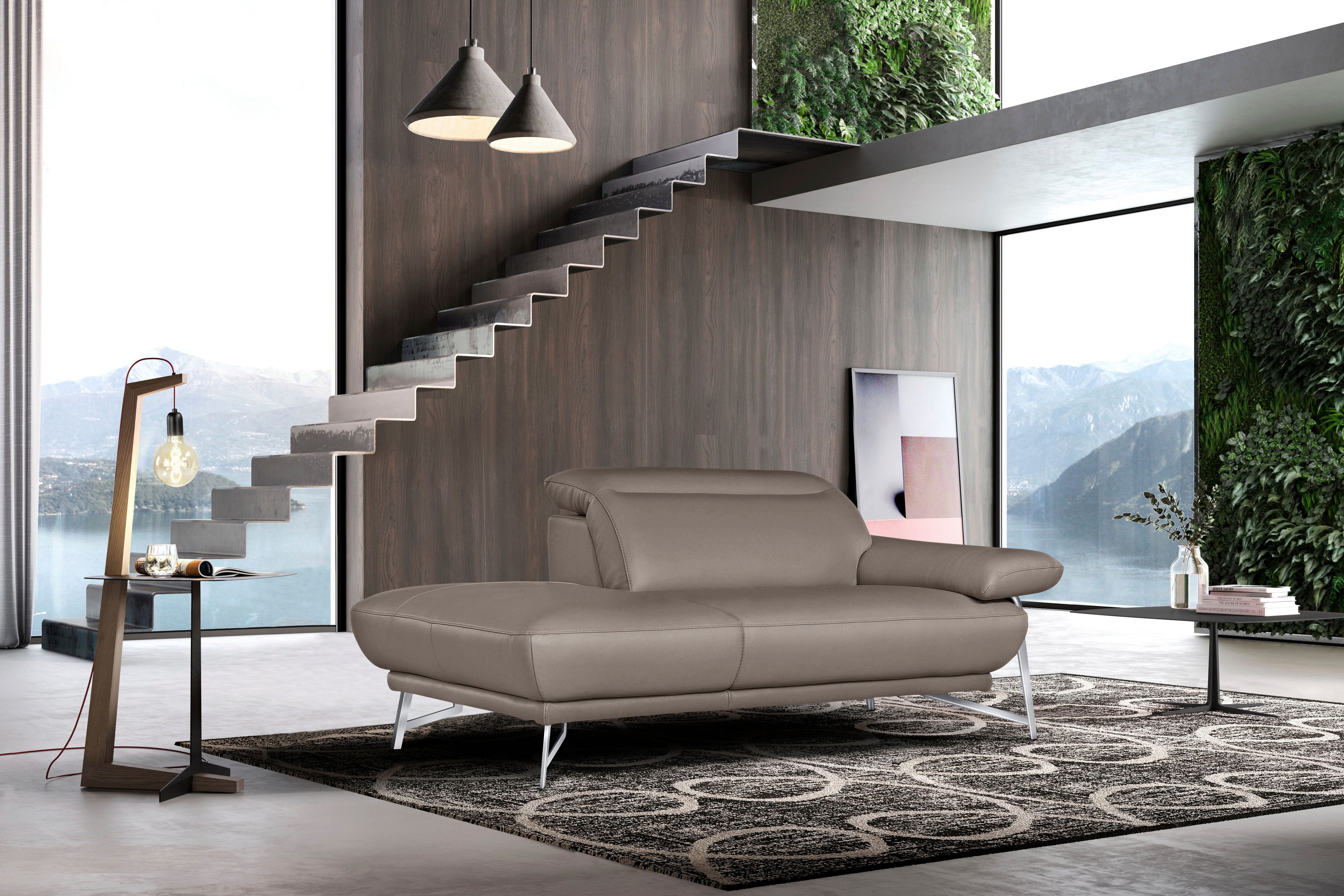 Egoitaliano Sofa Anais, erstklassiger Sitzkomfort, Fußfarbe chrom, Set, Kopfteil verstellbar, Leder BACIO, safari