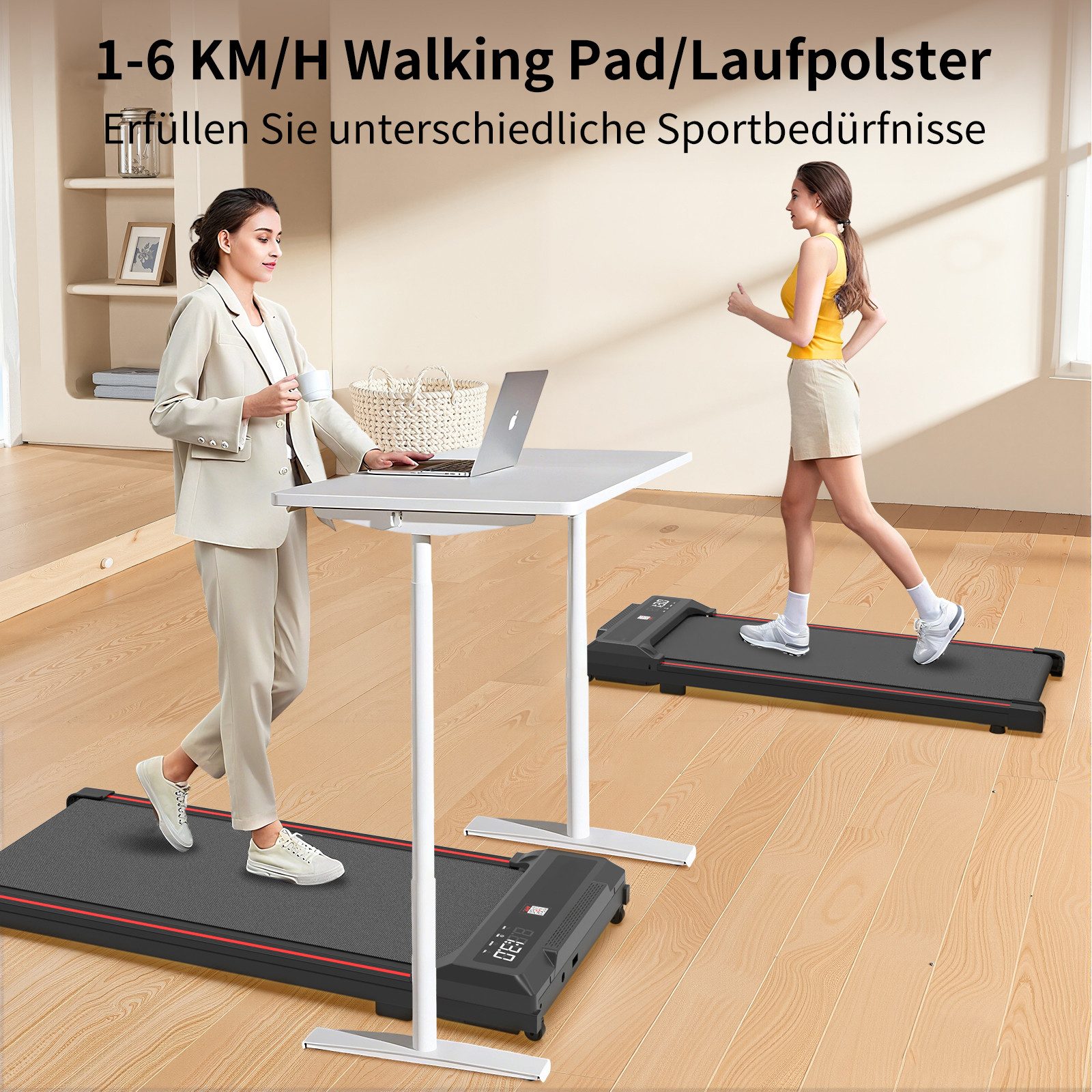 WILGOON Laufband Laufband und Hantelset 6-teilig, Walking Pad mit 2,5 PS & 12 Programme (Elektrisches Laufband mit Bluetooth, Fernbedienung & LED-Display, 2-tlg., Kurzhantel Set mit 1/2/3 kg Gewichten & Ständer – Rutschfest & Robust), Perfekt für Heimtraining, Büro,Fitnessstudio - Leise, Kompakt & Stabil