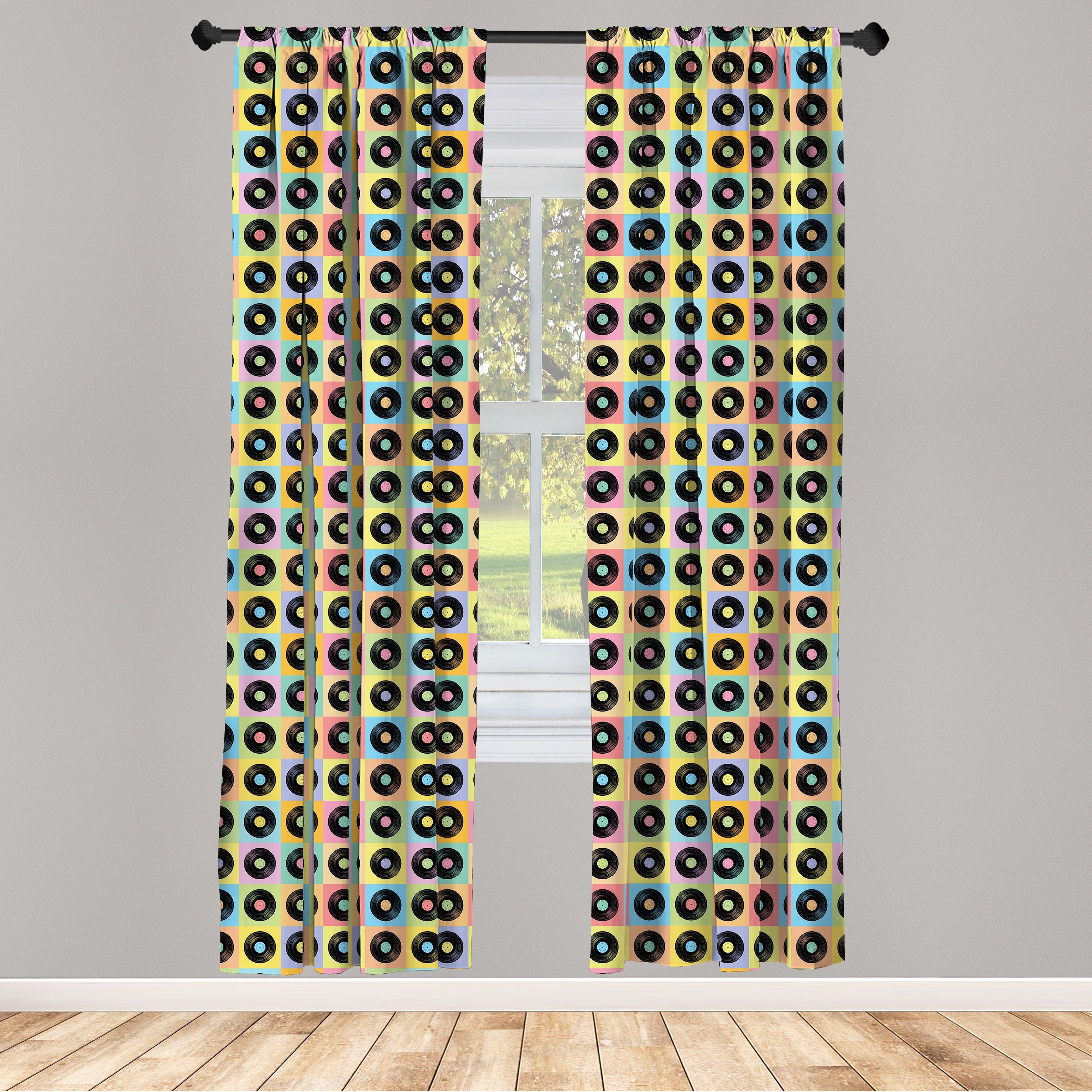 Gardine Vorhang für Wohnzimmer Schlafzimmer Dekor, Abakuhaus, Microfaser, Retro Bunte Vinyl-Scheiben-Muster