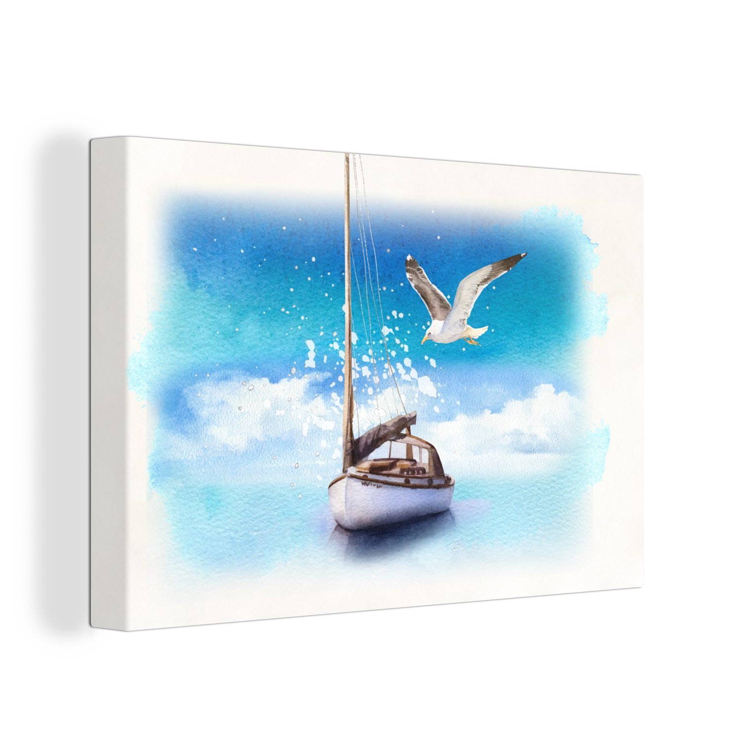 OneMillionCanvasses® Leinwandbild Boot - Wasser - Möwe, (1 St), Wandbild Leinwandbilder, Aufhängefertig, Wanddeko, 30x20 cm