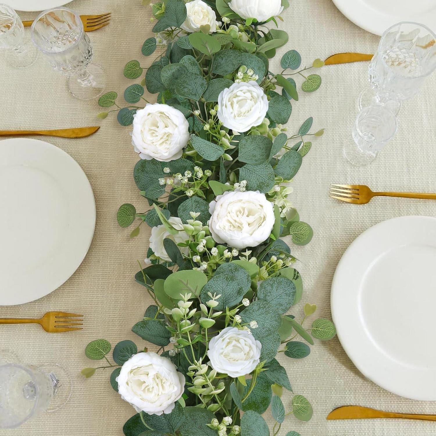 Kunstgirlande Künstliche Blumengirlande Eukalyptus Pfingstrose 200cm Weiss 4er Set, LuxusKollektion, Höhe 5 cm
