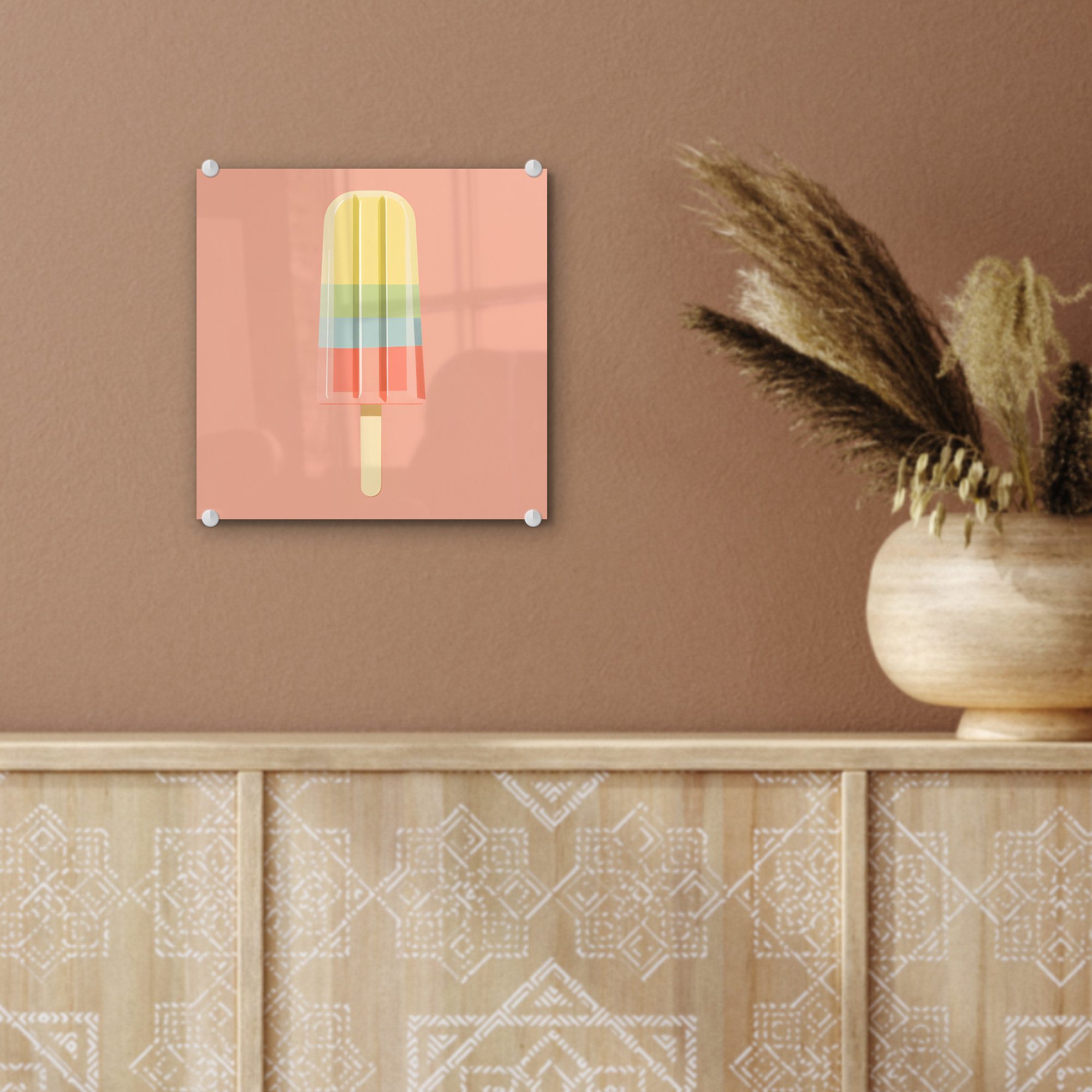 MuchoWow Acrylglasbild Wassereis - Pastelltöne - Minimalistisch, Inkl. Aufhängung, Bilder auf Glas Wandbild, Wanddeko Wohnzimmer Badezimmer, 20x20 cm