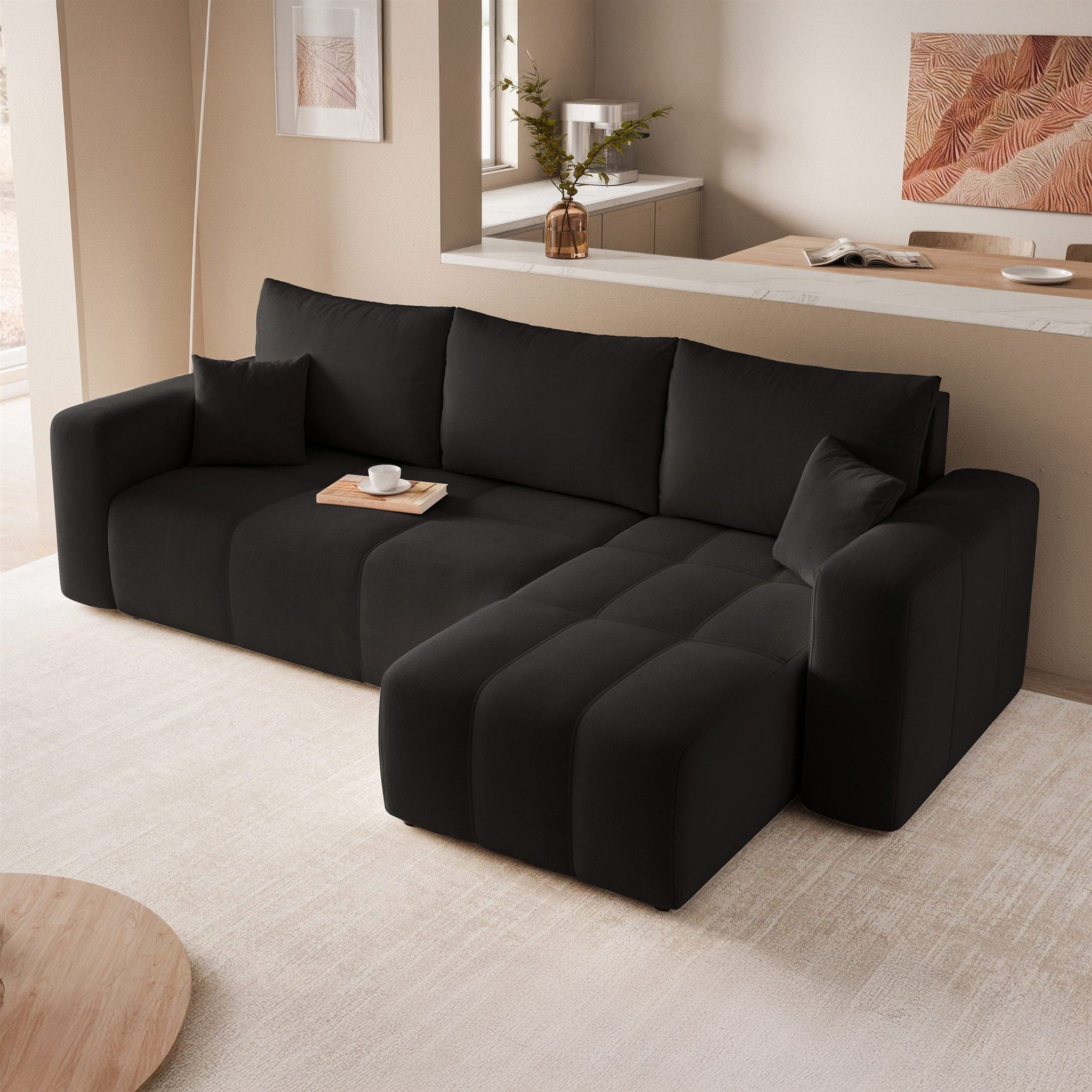 Fun Möbel Ecksofa Schlafsofa LEROS mit Ottomane in Verloursstoff Manila, mit Bettkasten, inkl. 3 Rückenkissen und 2 Zierkissen