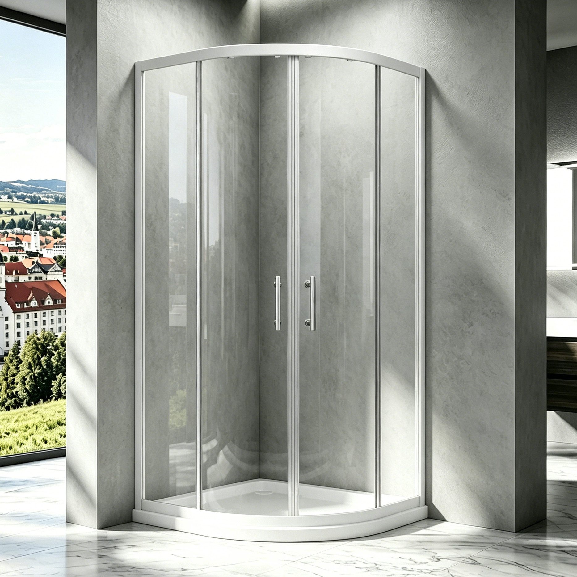 Boromal Runddusche 90x90 radius 55 cm Duschkabine Viertelkreis Schiebetür Weiß Glas, BxT: 90x90 cm, 5mm Sicherheitsglas, Duschwand für Dusche, Easy Clean Funktion, 16 Türrollen, Alu profil 20mm Verstellbereich, Magnetdichtleisten
