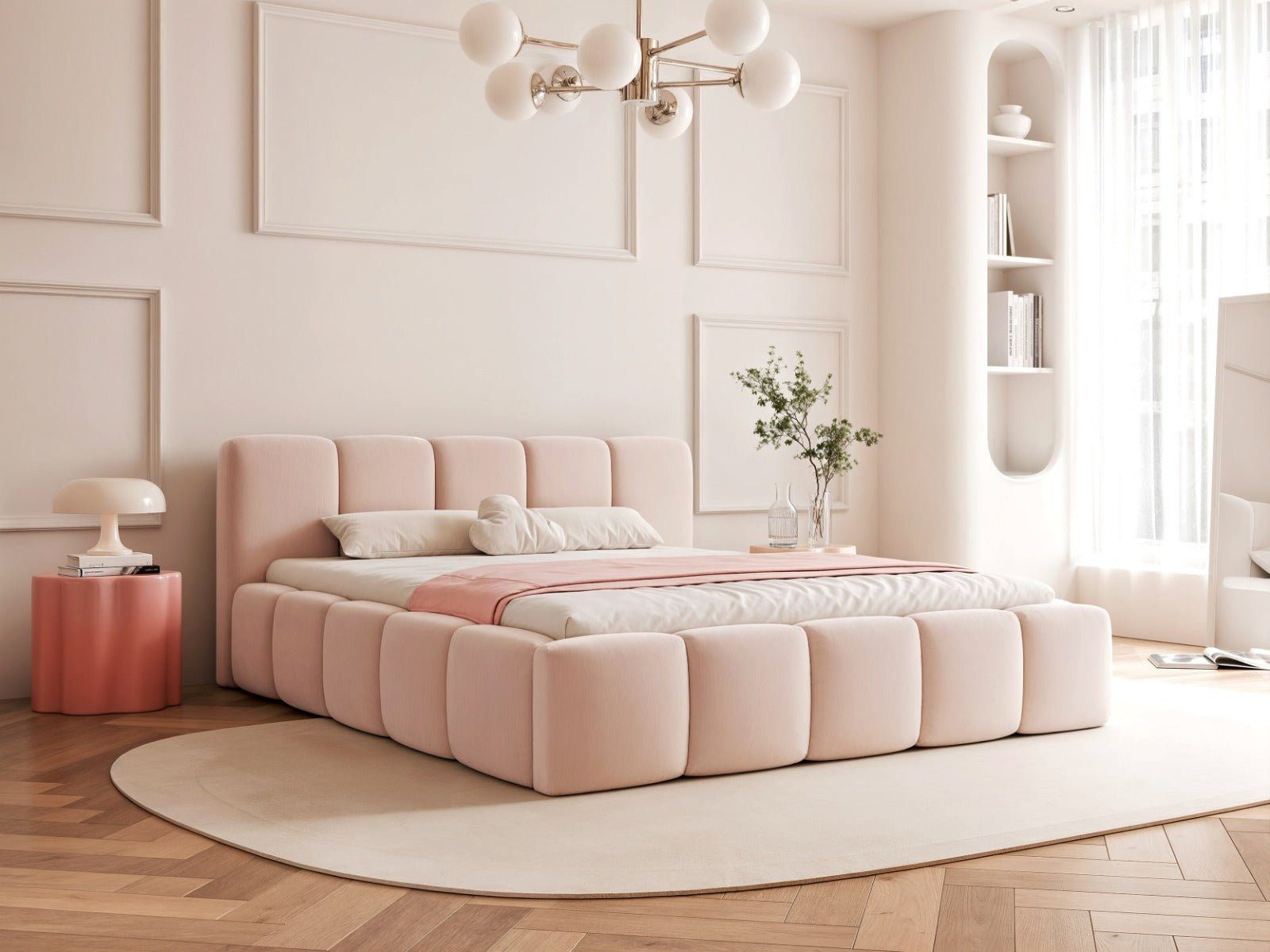 Goldstoff Polsterbett "Calme Bas" 120x200–200x200cm mit Bettkasten & Stauraum mit Lattenrost (Bett mit Bettkasten Stoff - Modernes Polsterbett für Schlafzimmer, 1-tlg), Designer Doppelbett mit Stauraum - Gepolstertes Bett 200x200cm