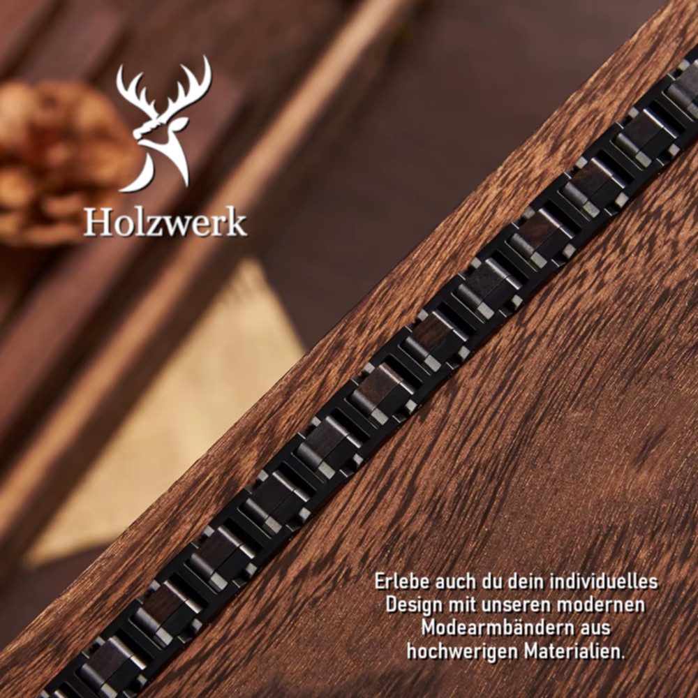 Holzwerk Edelstahlarmband Designer Holz Armband, Armkette Gliederarmband, Holz Unikate inkl. Armbandkürzer, ideal als Geschenk