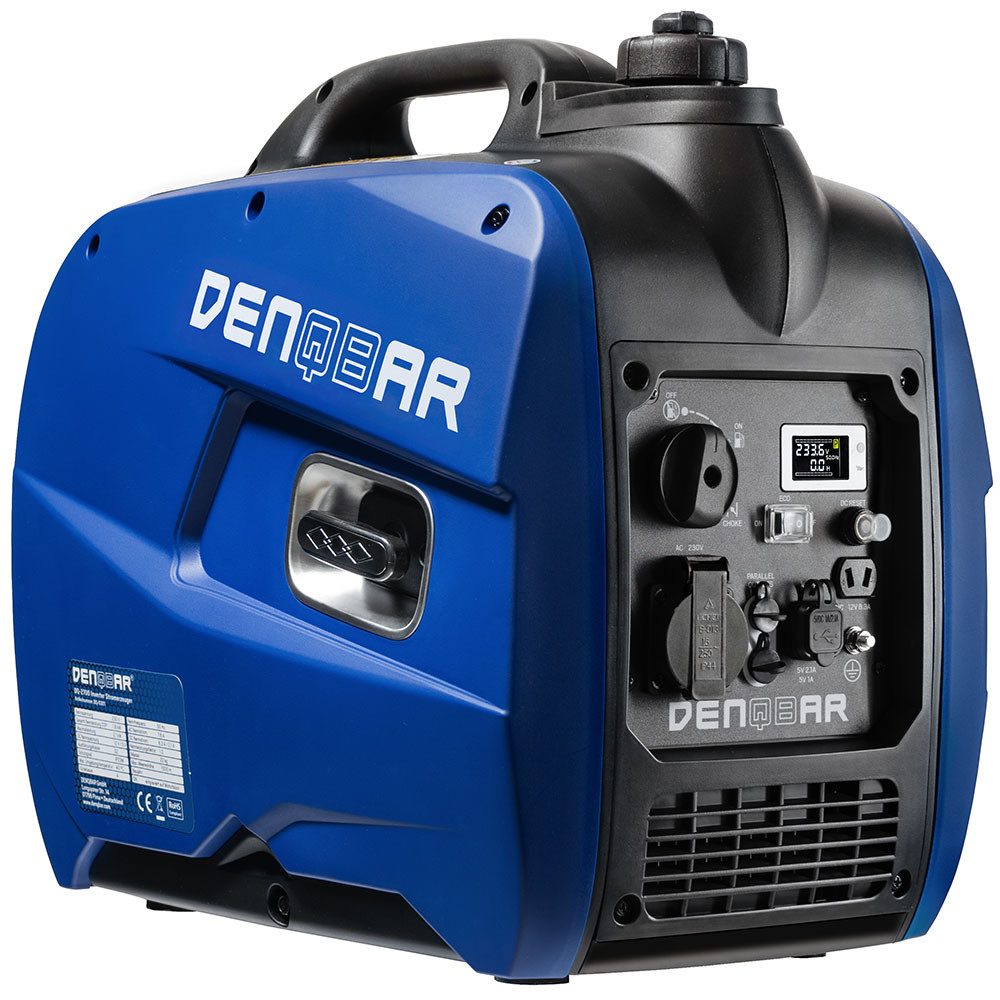 DENQBAR Stromerzeuger DQ-2100, 2,10 in kW, (Benzin Inverter Generator mit LED-Display - eBlue®-Technologie - USB-Fast-Load, 1-tlg., 230V - tragbar - Öko-Modus), für Camping, Outdoor, Baustelle, Reise, Wohnmobil und Notstromaggregat