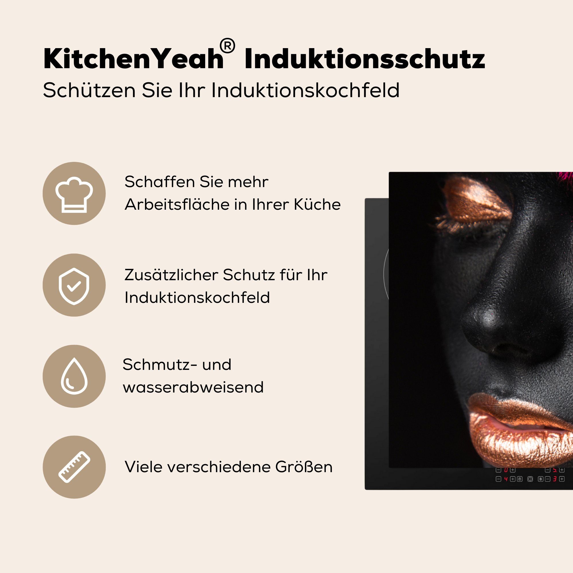 MuchoWow 81x52 - Schutz die tlg), (1 Gold, Ceranfeldabdeckung für küche, Frau Herdblende-/Abdeckplatte Induktionskochfeld - Schwarz Vinyl, cm,