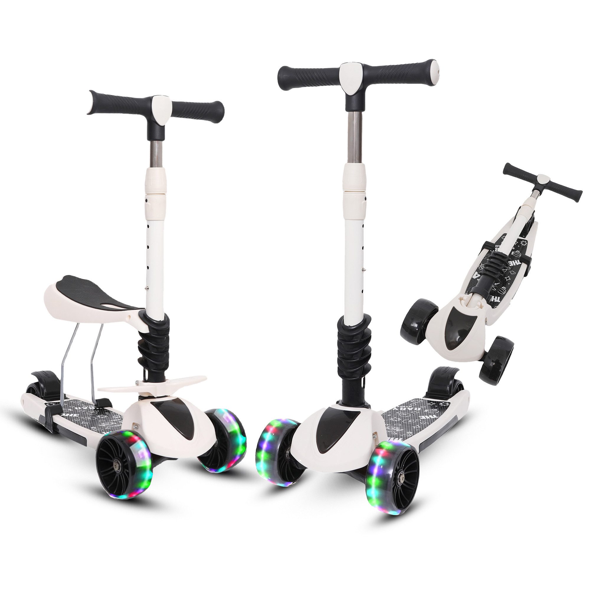 Habib Gruppe Sitzscooter 3-Rad Kinderroller mit LED Rädern & Sitz, Faltbar Höhenverstellbar