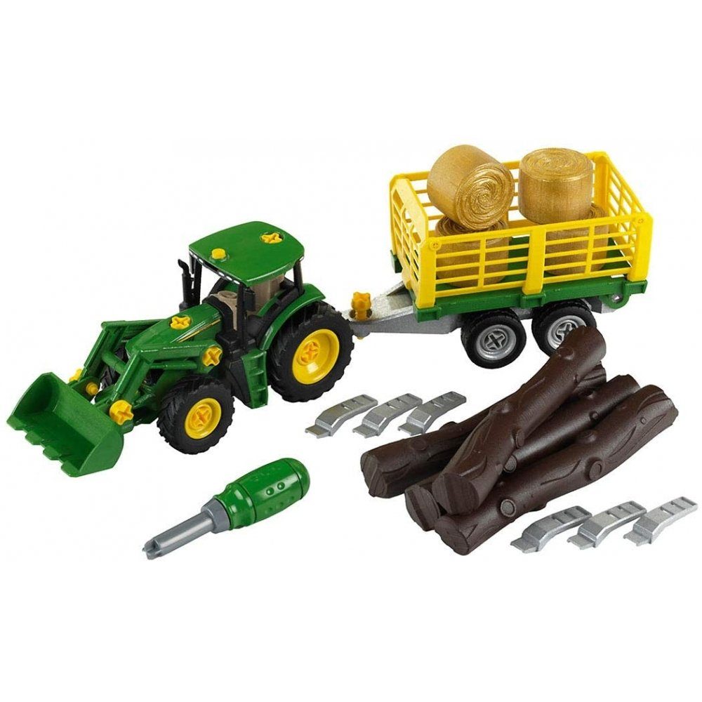 Klein Spielzeug-Traktor John Deere - Traktor mit Holz- und Heuwagen - grün/gelb