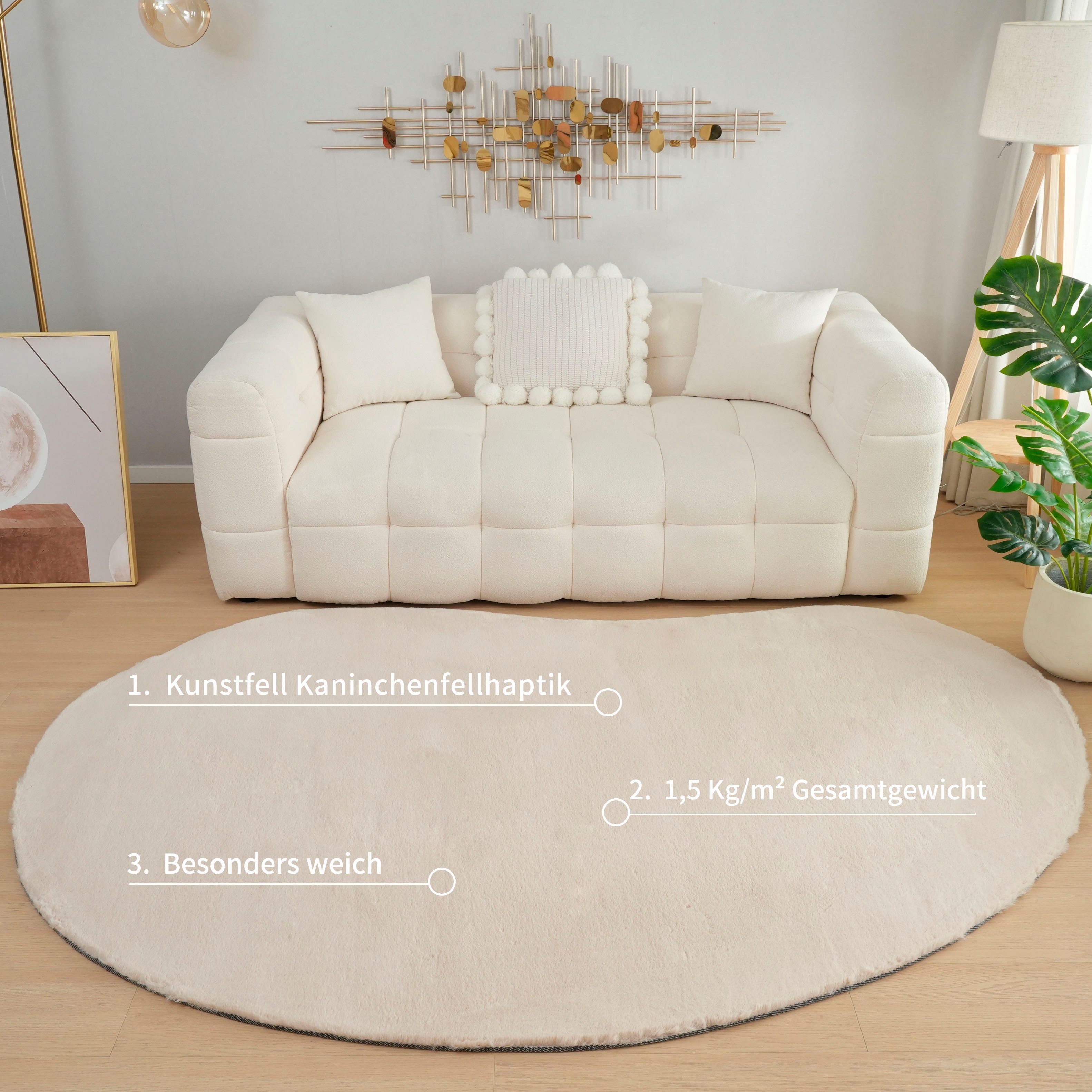 Bruno Banani Hochflor-Teppich Rabbit 2 Bean, Kunstfell Teppich, Modern, besondere Form, U-förmig, Höhe: 25 mm, Kaninchenfell-Haptik, Microfaser, Wohnzimmer, Schlafzimmer, Esszimmer