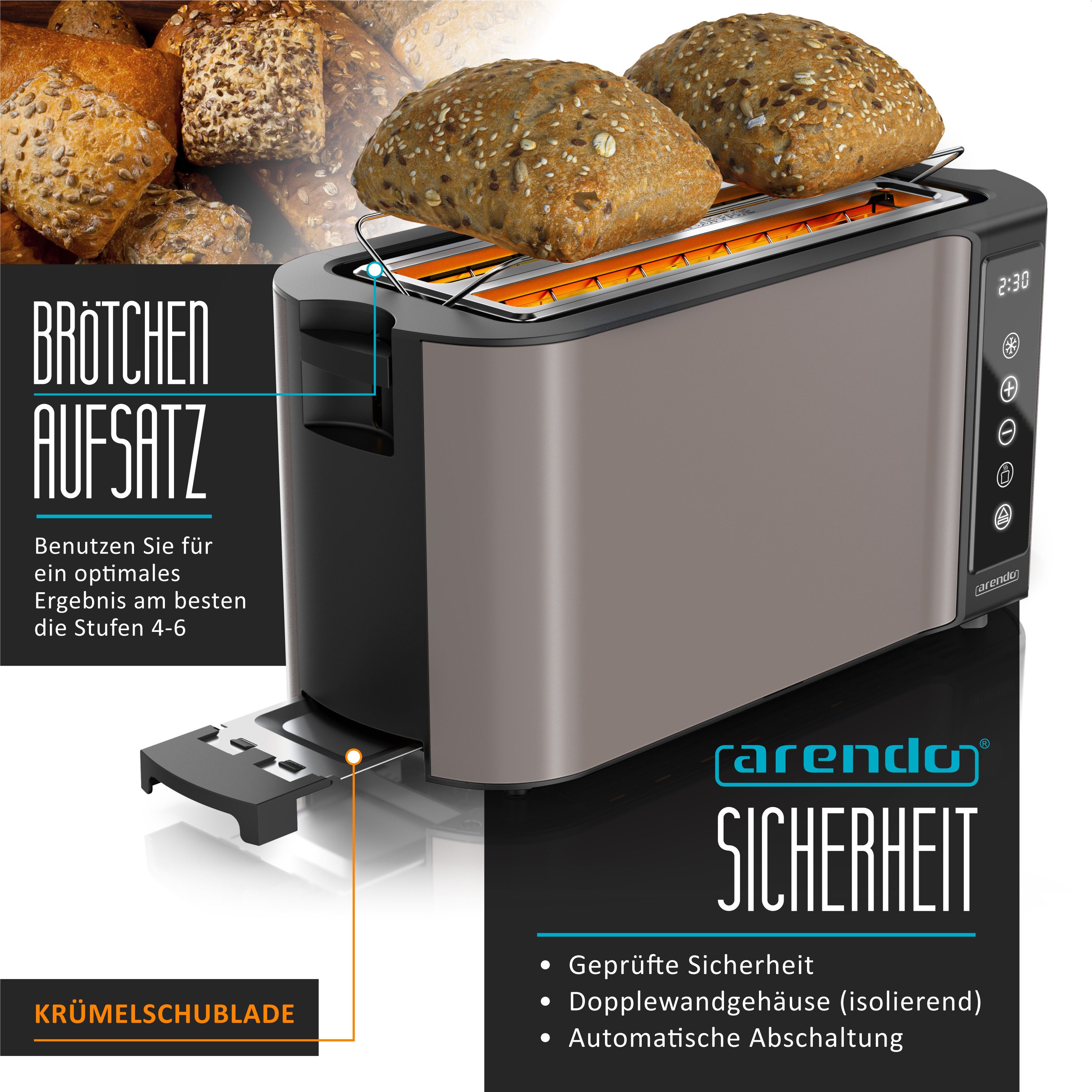 Arendo Toaster Wärmeisoliertes Doppelwandgehäuse, Display mit Restzeitanzeige, 2 lange Schlitze, für 4 Scheiben, 1500 W, Langschlitz, Touchpanel, Brötchenaufsat – Bild 3 von 5