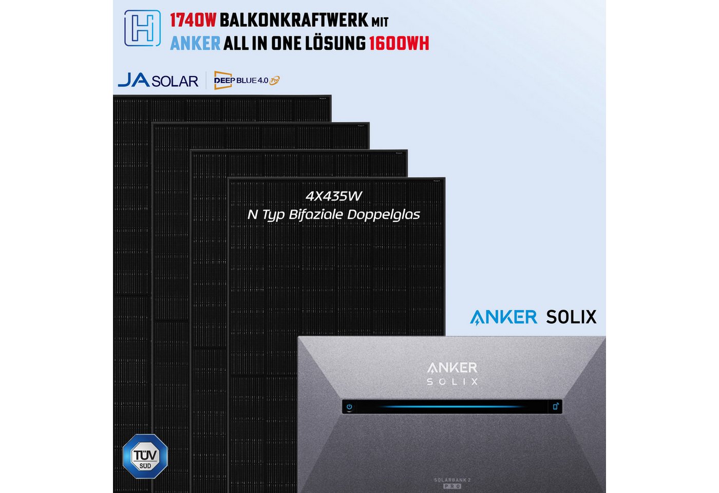 Thumbnail - Anker Balkonkraftwerk, 1740 W, N typ Glas-Glas, Vollschwarz, (4 Solarmodule mit All-in-One Speicher (1.6 -3.2Kwh) und Sm...