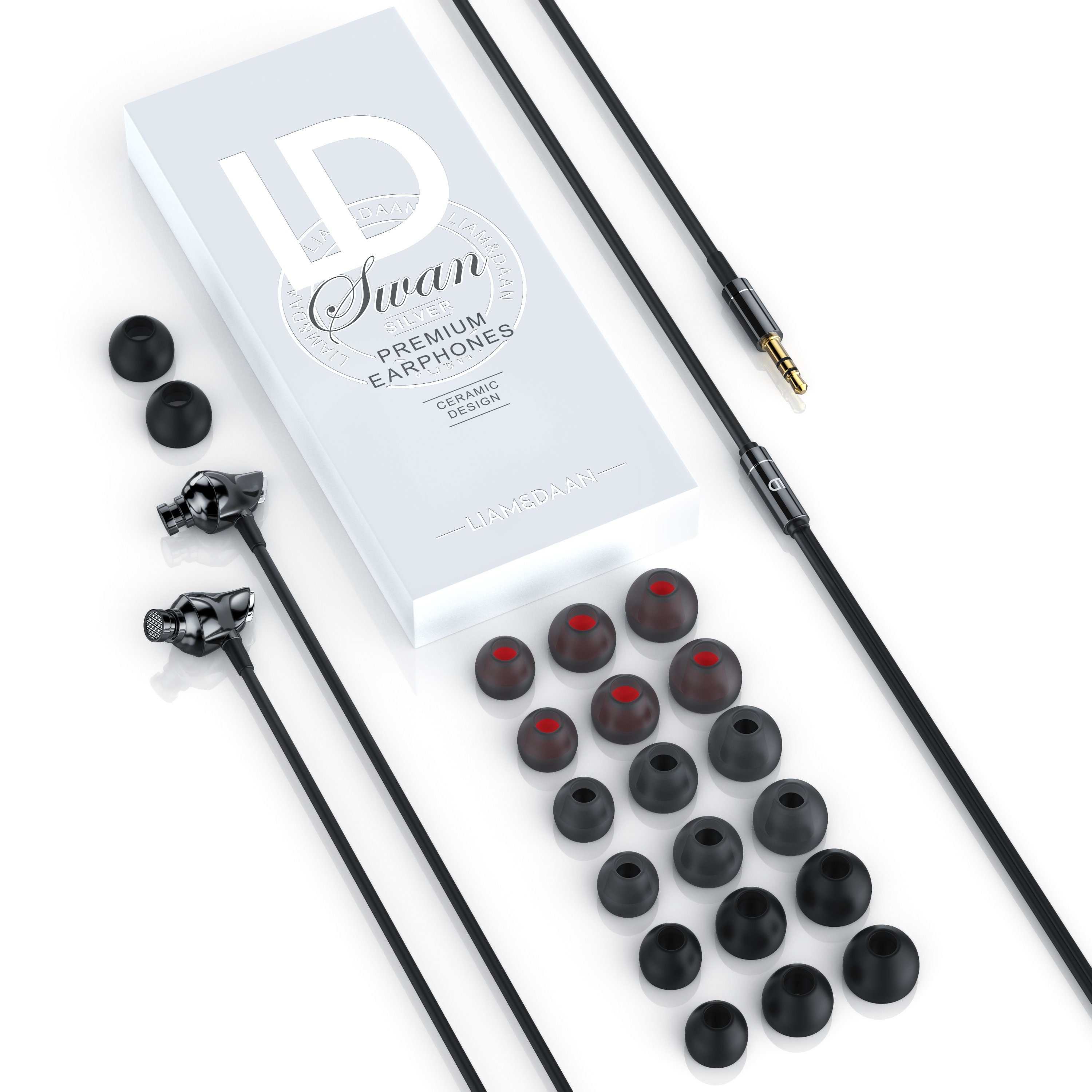 LIAM&DAAN Ceramic High End Earphone "Swan" 3,5 mm Klinkenanschluss, 8mm Treiber In-Ear-Kopfhörer (Aramid Kabel mit Knickschutz, inkl. 18 Silikonaufsätze, Premium Klang)
