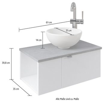 Saphir Waschtisch Serie 6915 Waschschale mit Unterschrank für Gästebad, Gäste WC (3-St., Keramik-Aufsatzbecken, Waschtischplatte, Waschtischunterschrank), 61 cm breit, 2 Türen, offenes Fach, kleine Bäder, ohne Armatur