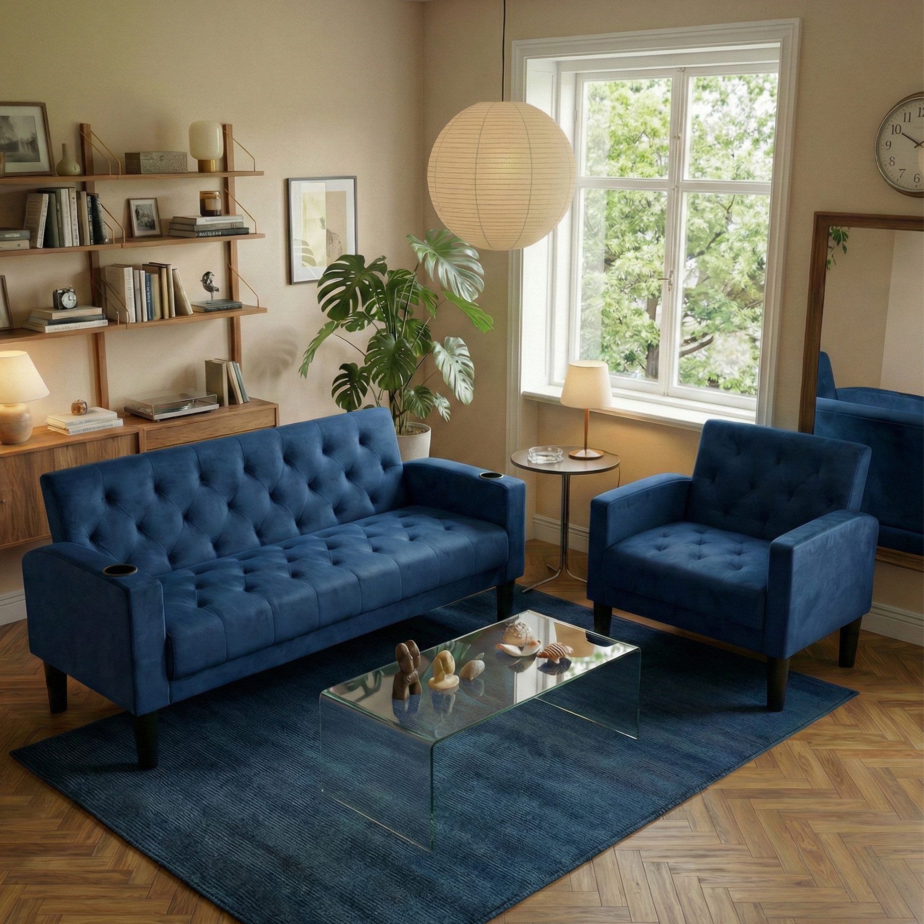 GRAVFORCE Sofa mit Ladeports und Becherhaltern 151cm Blau Samt, 1 Teile, für Wohnzimmer und Büro