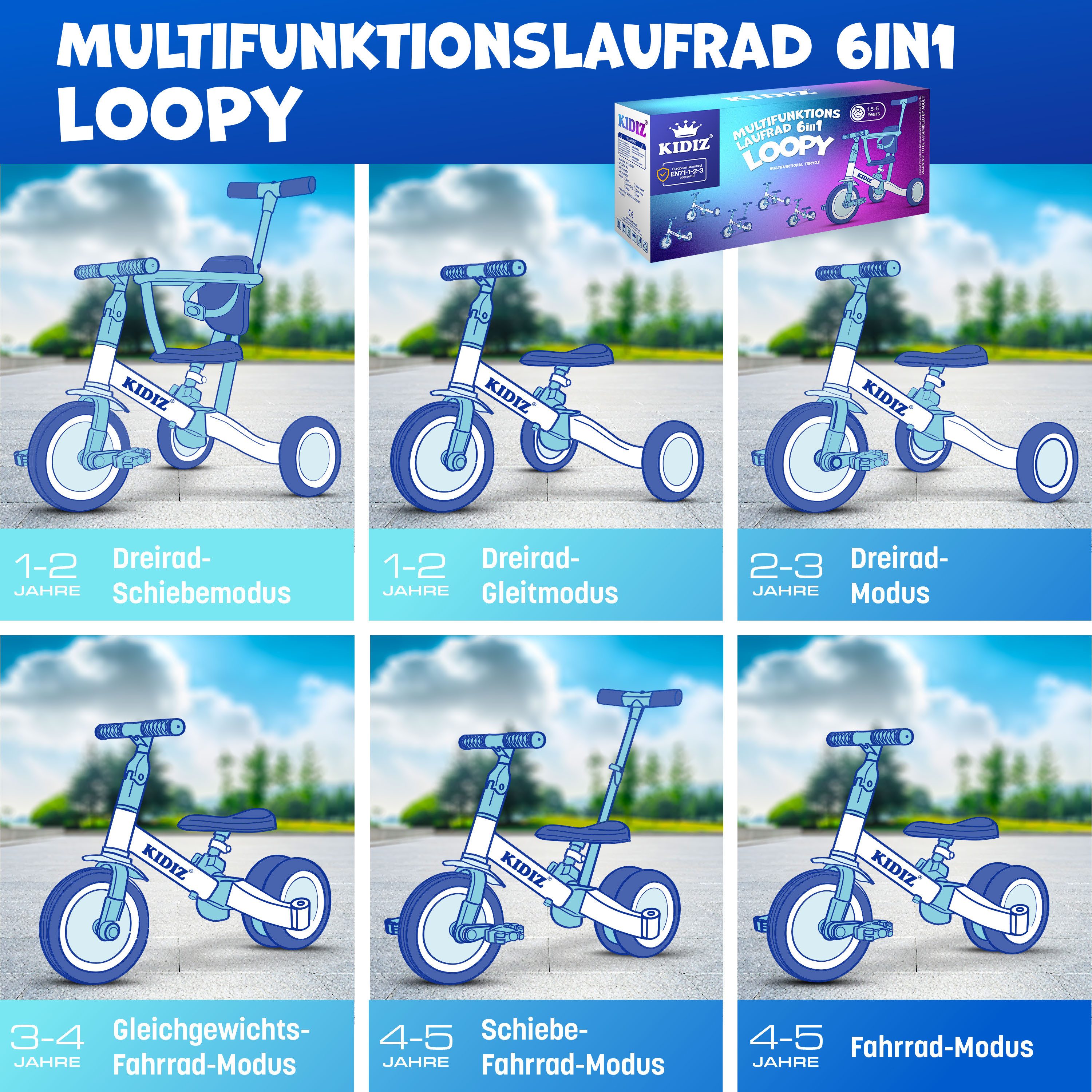 KIDIZ Laufrad, 6in1 Dreirad Loopy Laufräder Lauffahrrad Kinderdreirad