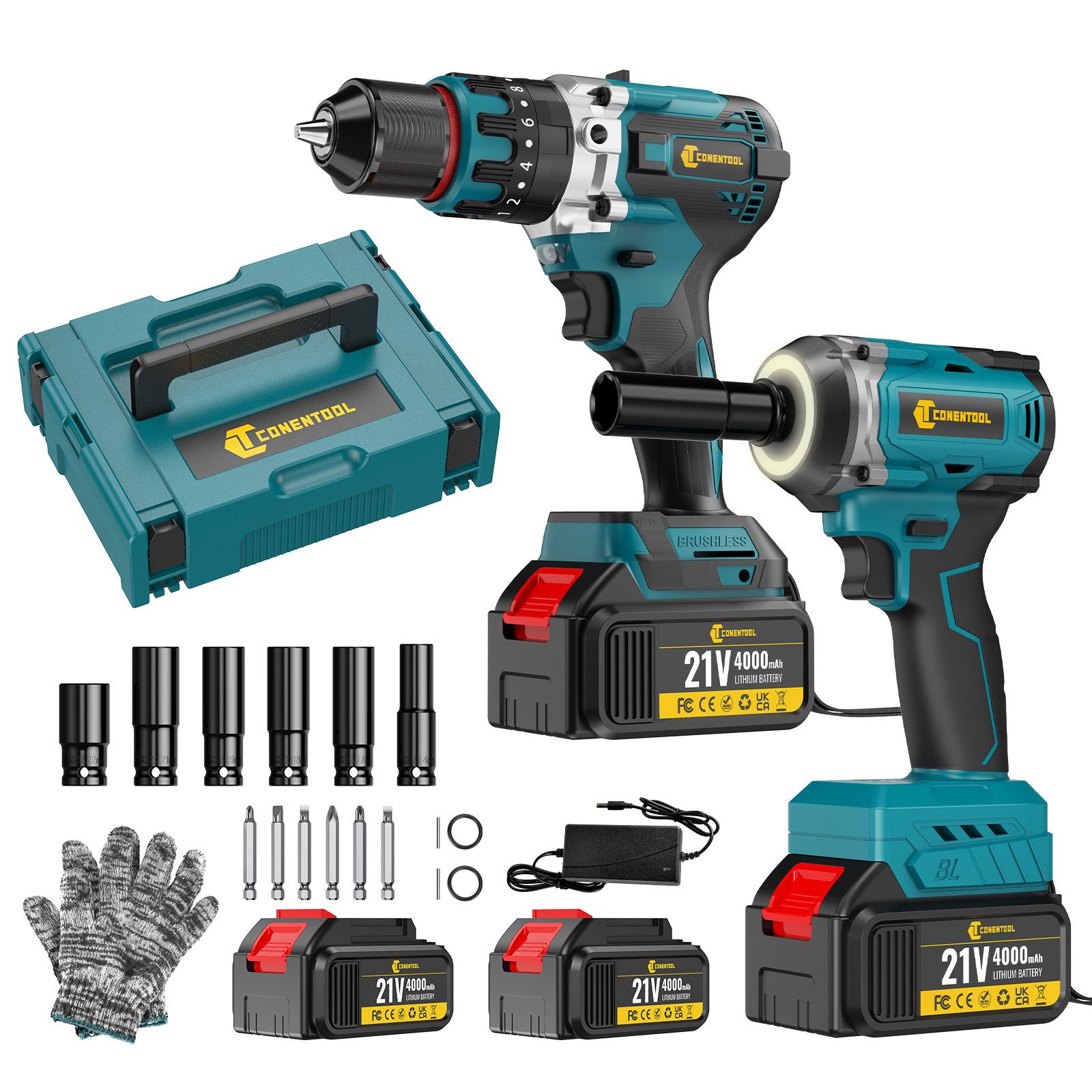 CONENTOOL Akku-Schlagschrauber 21V Bürstenlos Werkzeugset, Schlagschrauber + Akkuschrauber, 520 Nm, (Set, 17-tlg., 2×4,0Ah Akkus, Ladegerät), LED-Licht, mit Werkzeugkoffer