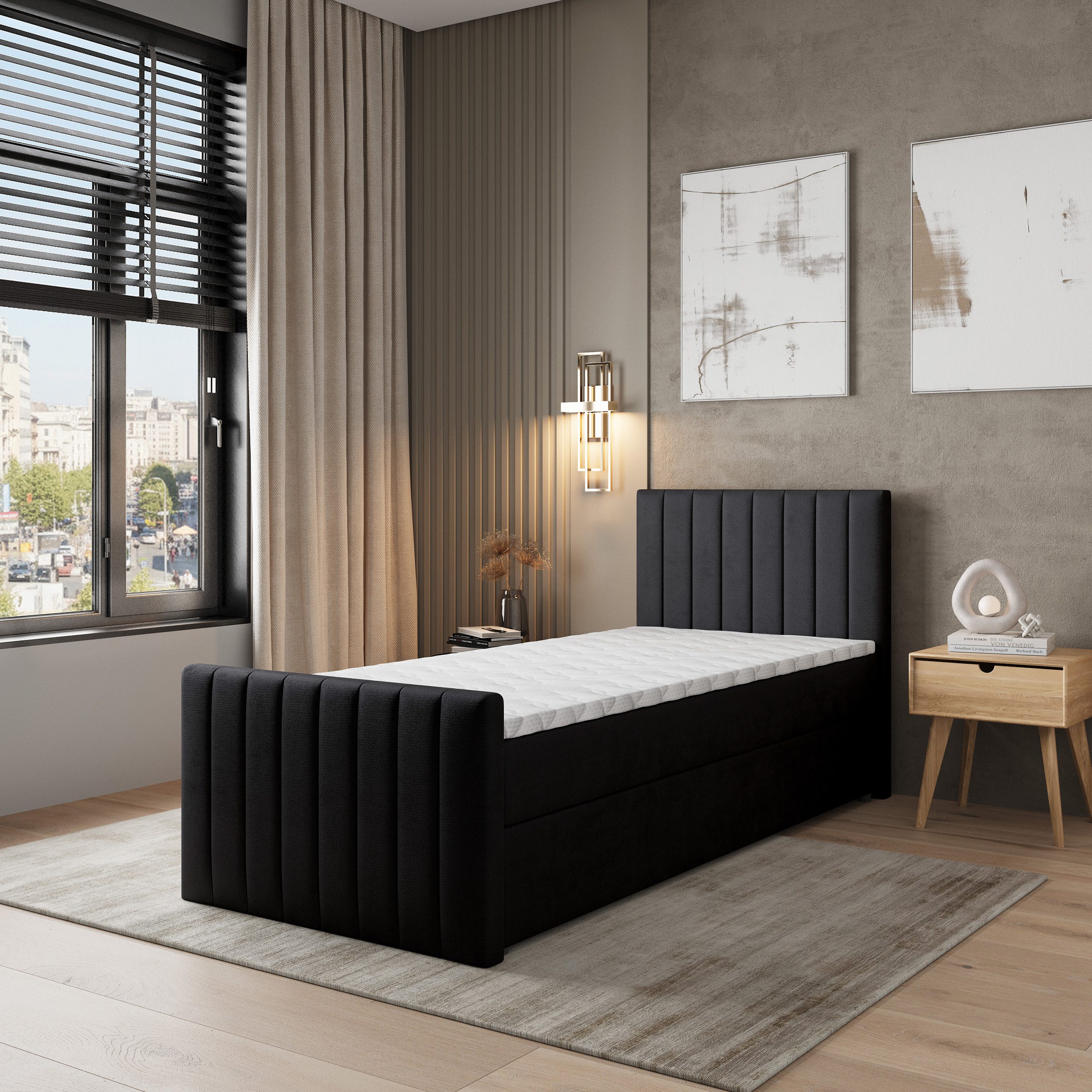 Masseno Boxbett ARION 80x200 cm mit Bonell Matratze und Topper, Einzelbett, Jugendbett, Polsterbett mit Kopfteil, Boxspringbett