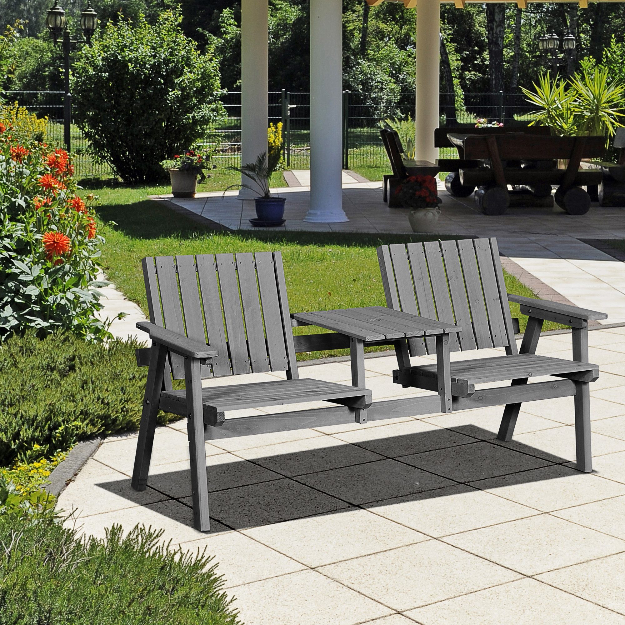 MC Star Gartenbank Gartenbank mit Tisch, Sitzgruppe, Gartenmöbel (mit Regenschirmloch, Sitzbank, 2 Stühle, Massivholz, Grau, 152 x 70 x 83 cm)