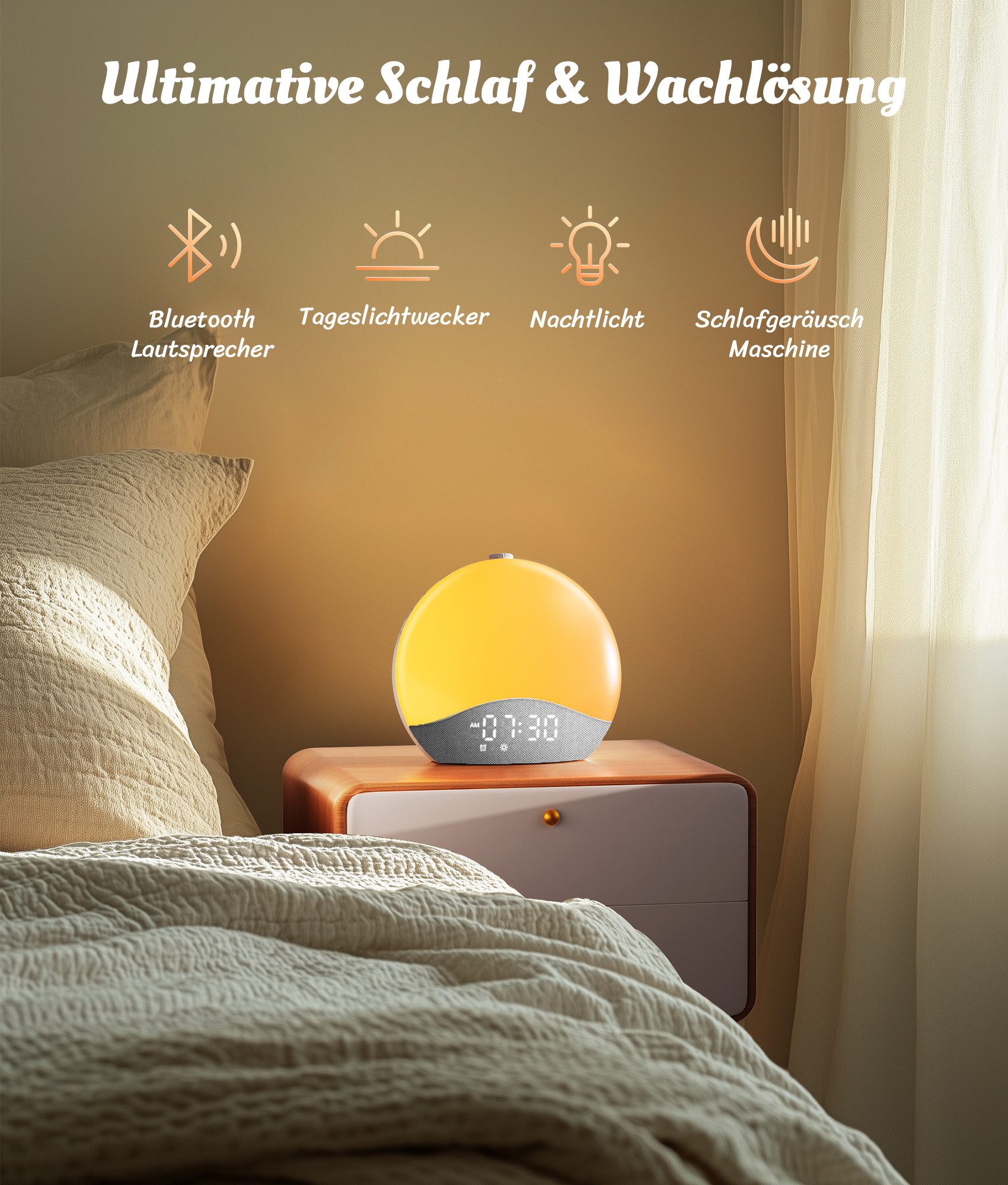 eCozy Tageslichtwecker Lichtwecker, Sonnenaufgang, Bluetooth-Sync, 26 beruhigende Klänge Weißes Rauschen, 17 Lichtfarben, 20 Helligkeitsstufen, RGB